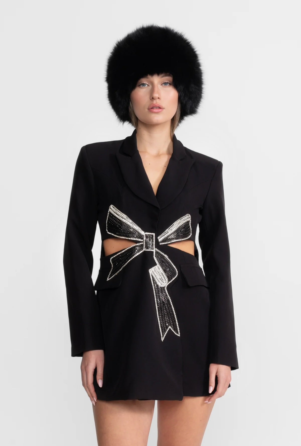 Crystal Bow Cut-Out Blazer Dress - Black