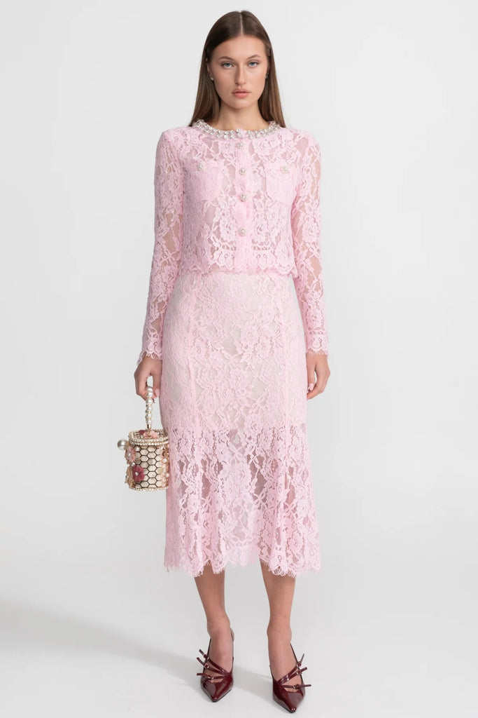 Lace Co-ord Set with Embellished Collar and Buttons - Pink
