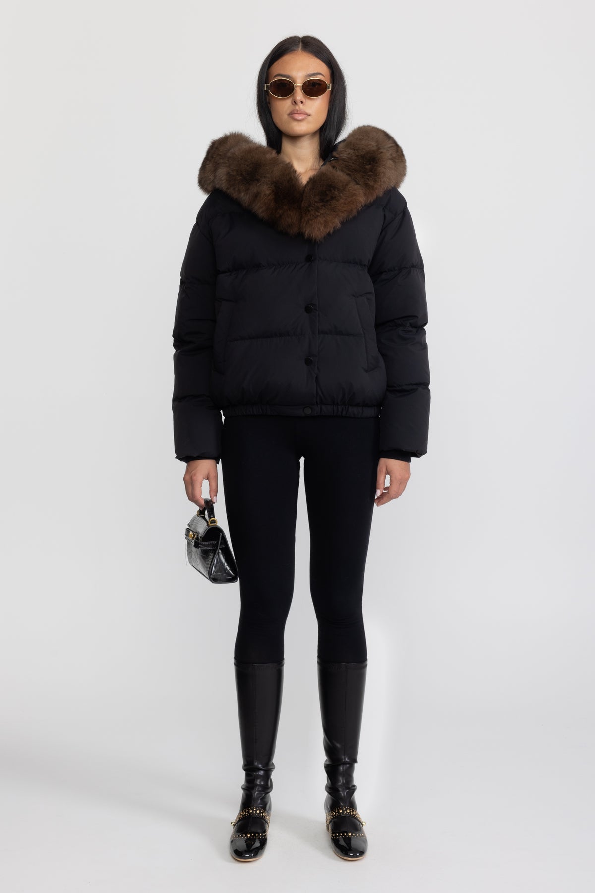 Fox Fur Hood Cropped Down Puffer Jacket - Black