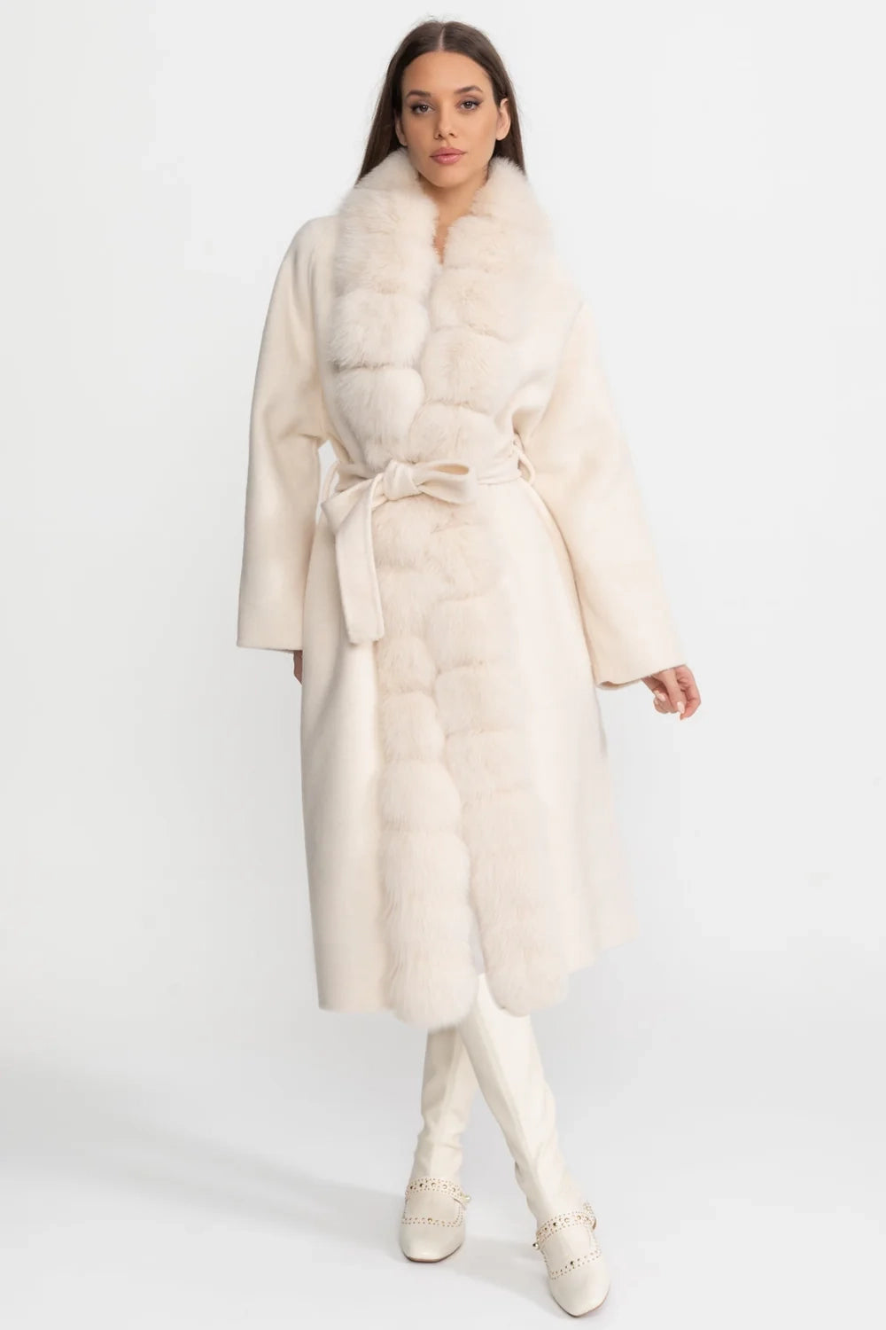 Wool Long Coat with Fox Fur Front – Ivoire