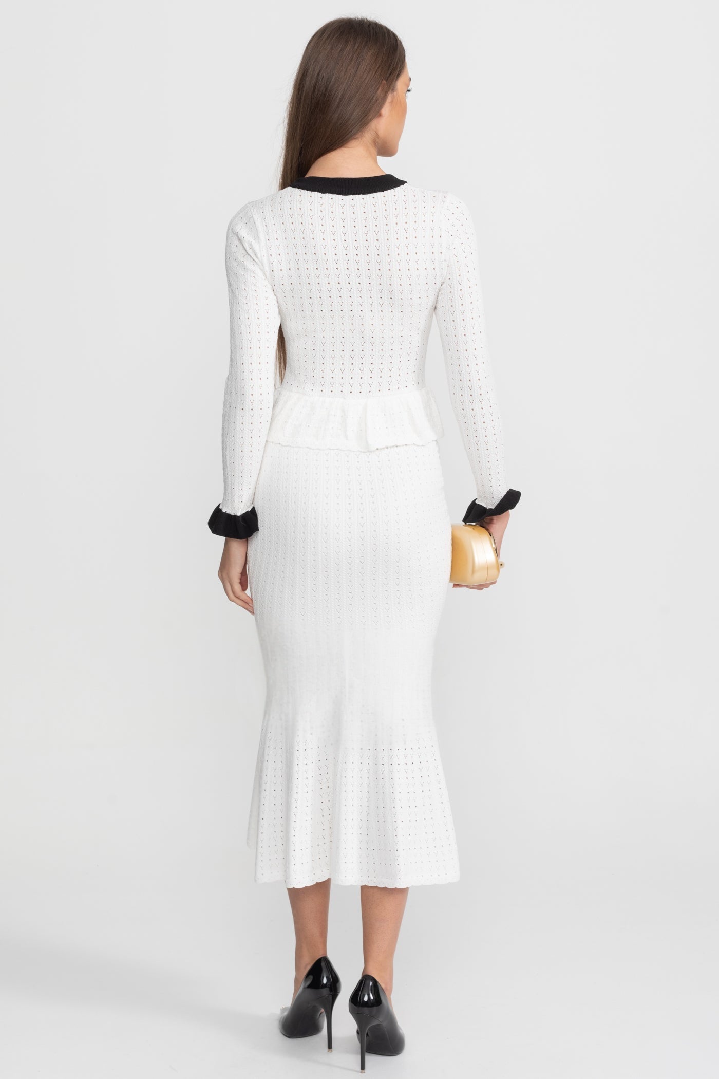 Pointelle Knit Midi Co-Ord with Contrast Trim – White