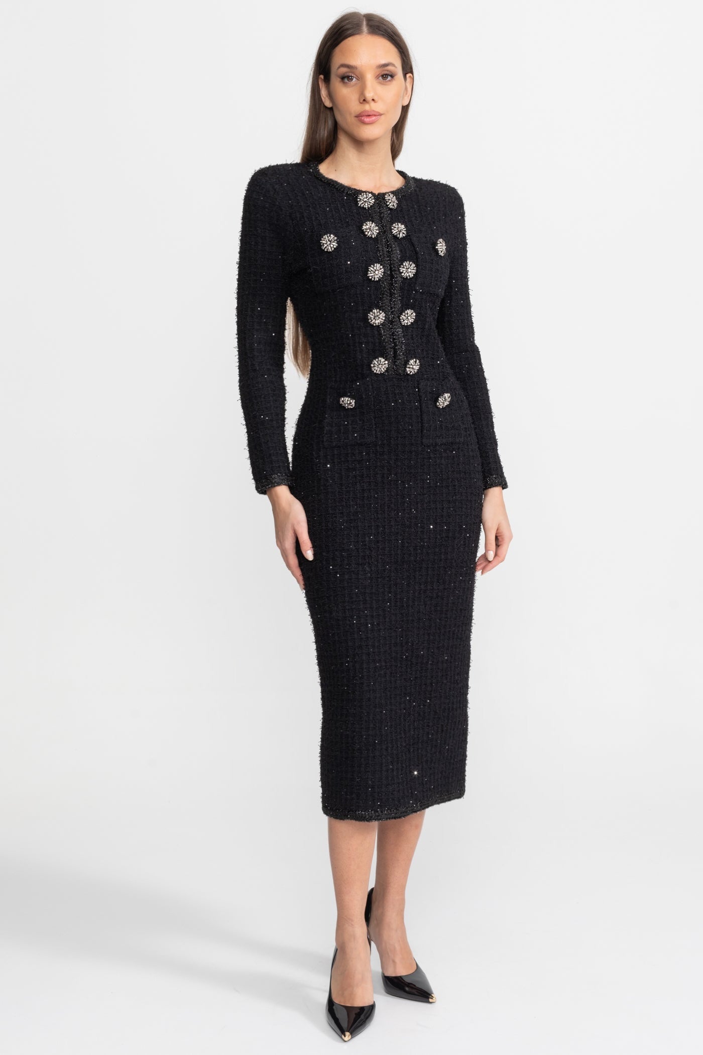 Textured Tweed Midi Dress with Crystal Button Detail – Black