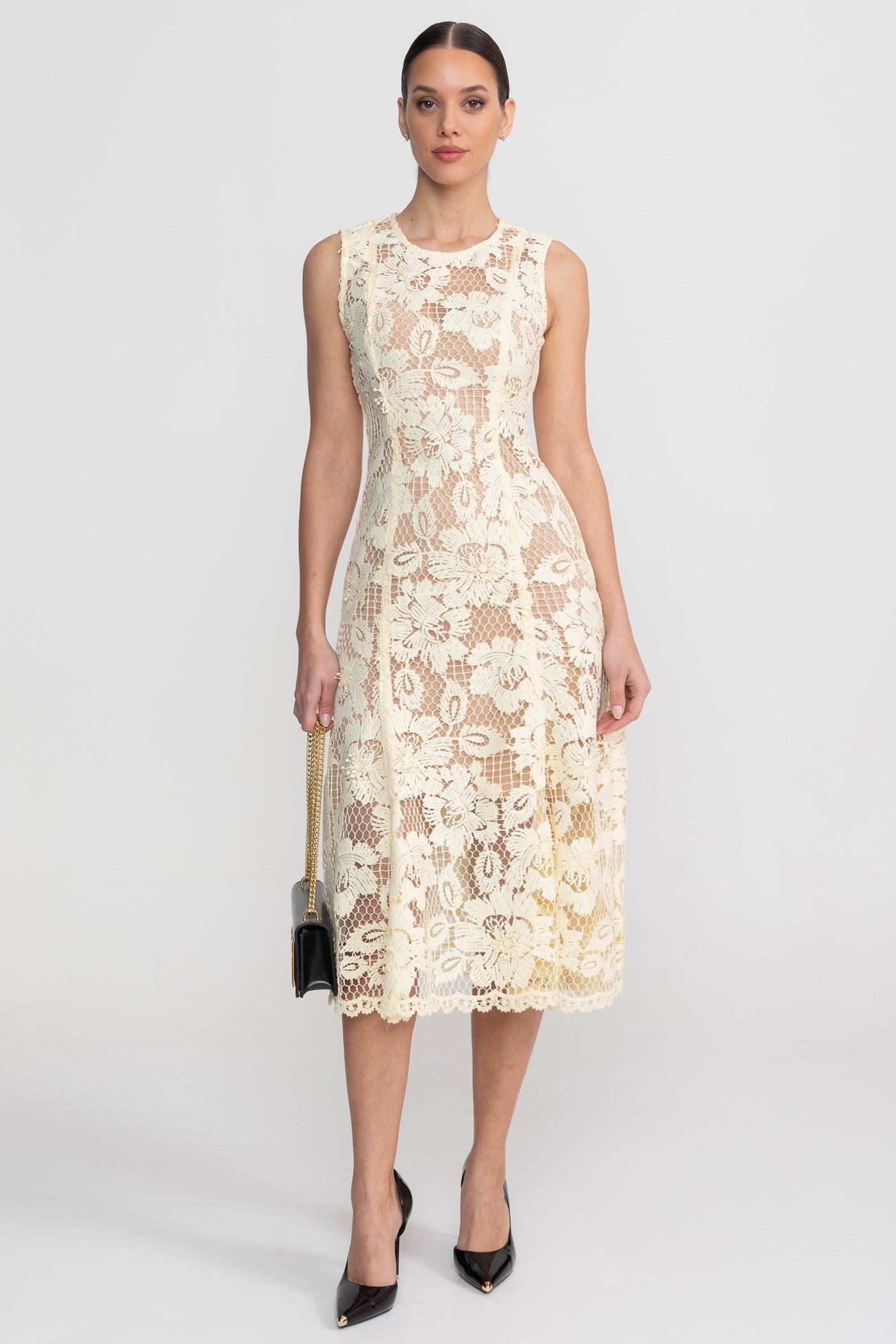 Lace Sleeveless Midi Dress With Round Neckline And Scalloped Hem - Yellow