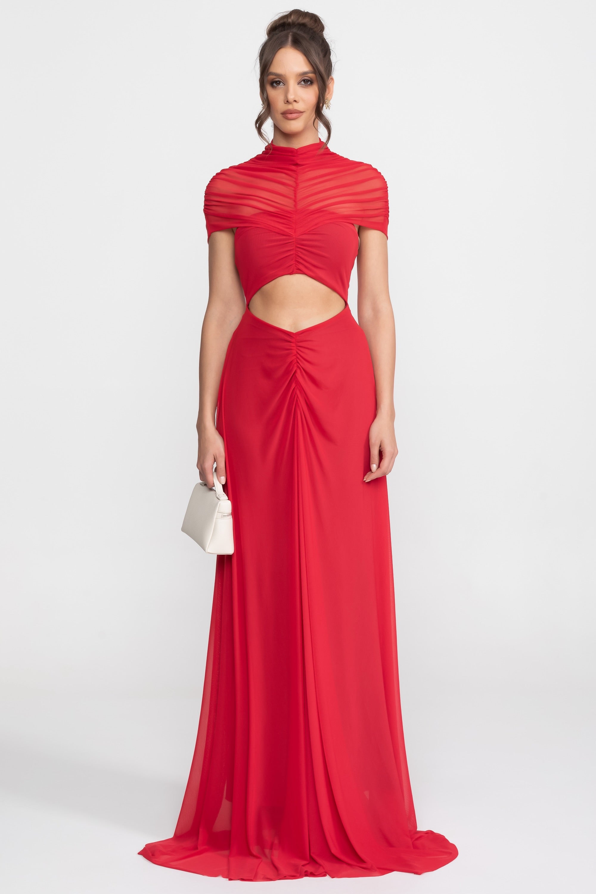 Ruched Off-The-Shoulder Maxi Dress With Cut-Out Waist - Crimson