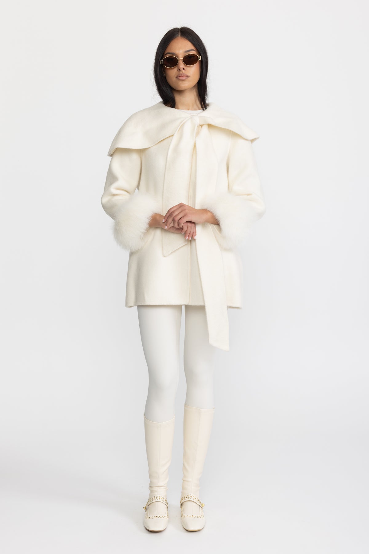 Capelet Collar Wool Jacket with Bow and Fur-Effect Cuffs - Ivoire