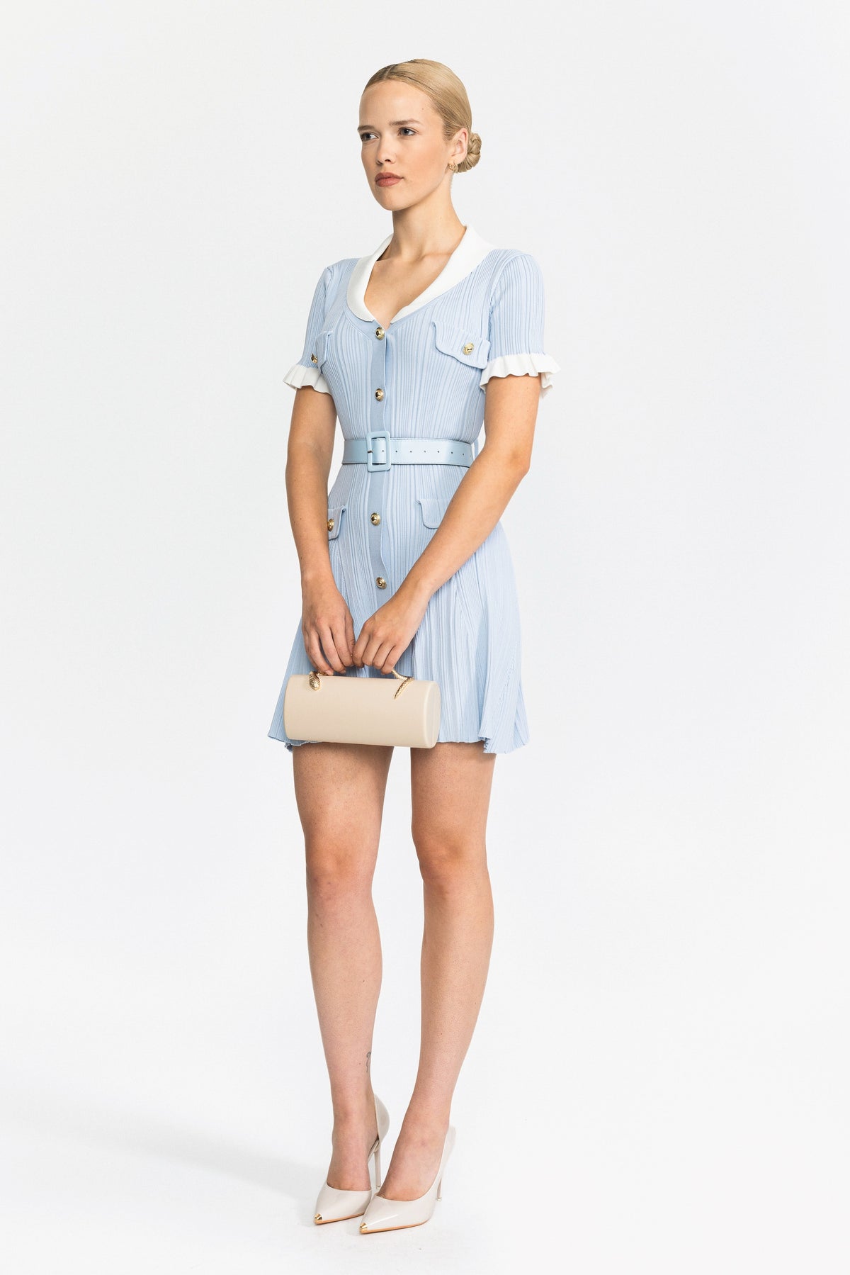 Ribbed Knit Contrast Collar Belted Mini Dress - Light Blue