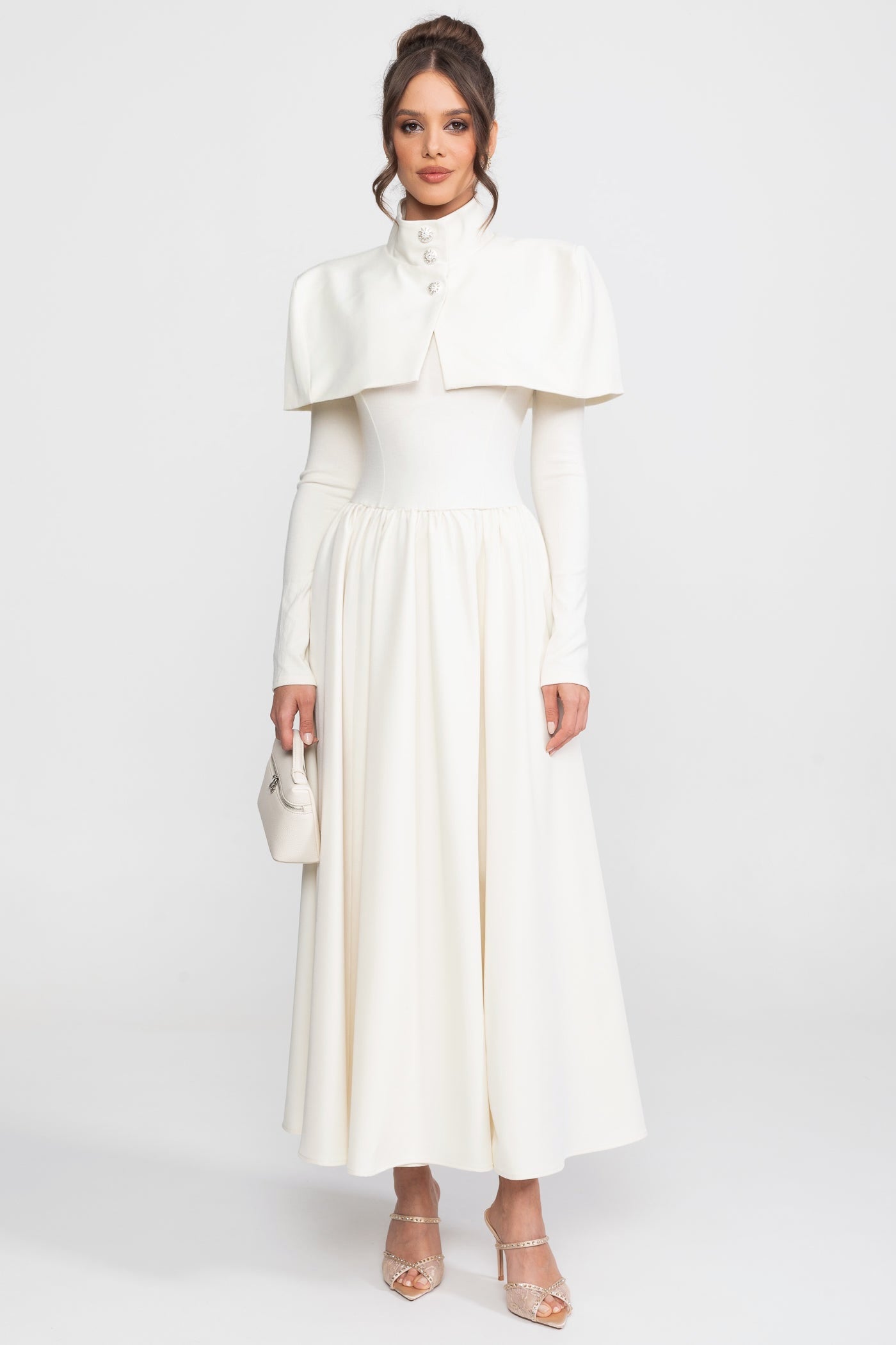 High-Neck Maxi Dress With Attached Capelet And Long Sleeves - White