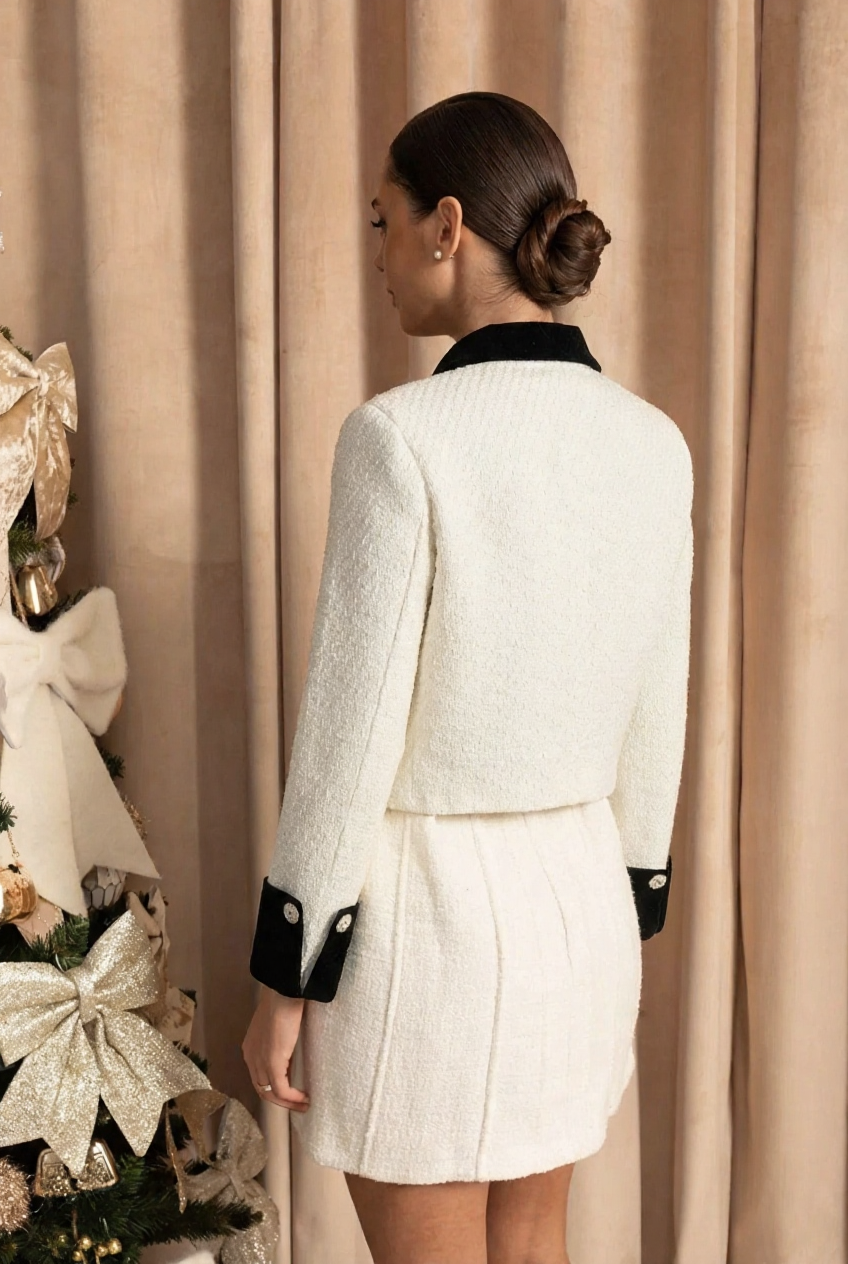 Tweed Blazer With Contrasting Elements And Metallic Bow Accent - White