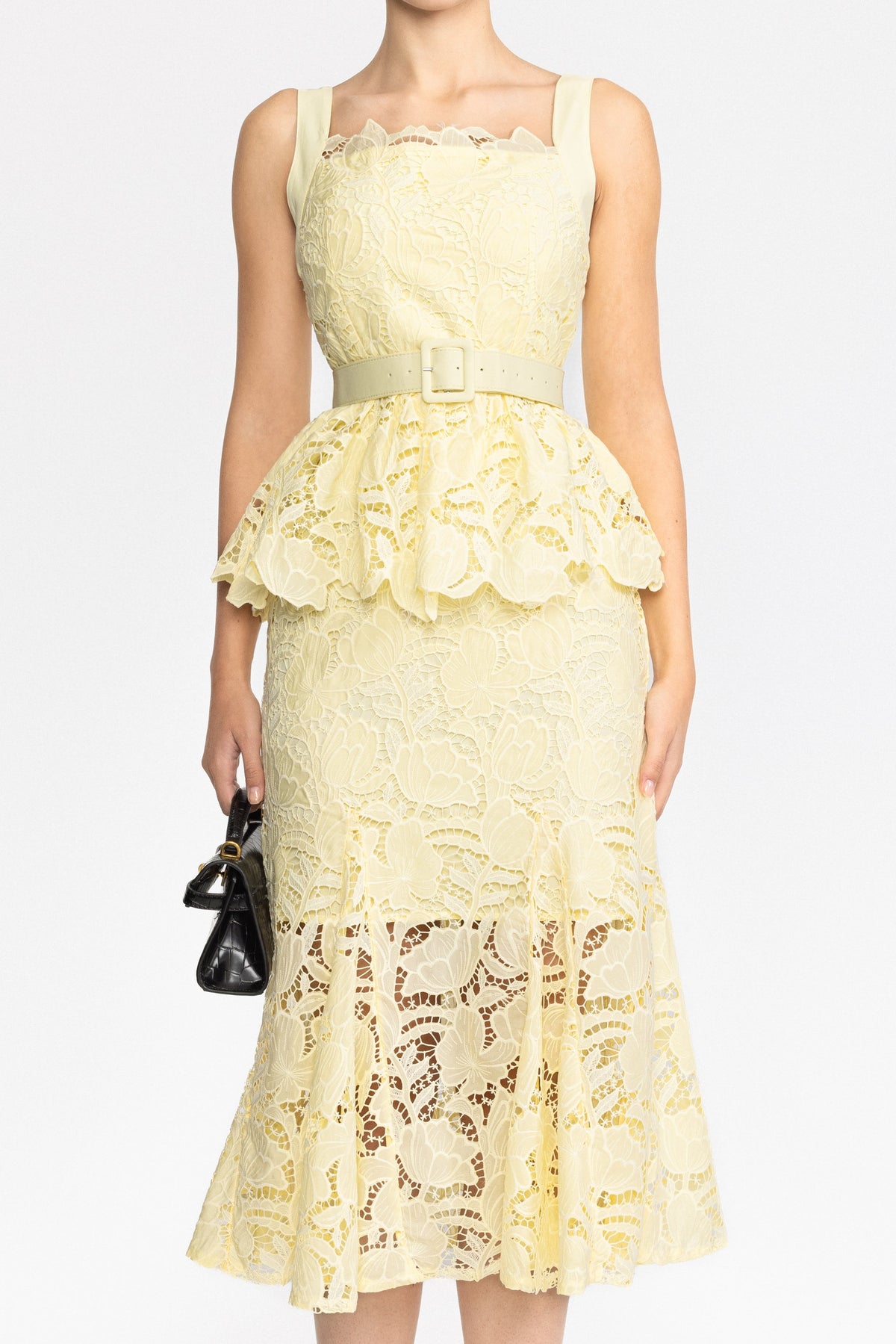 Guipure Lace Peplum Midi Dress - Yellow