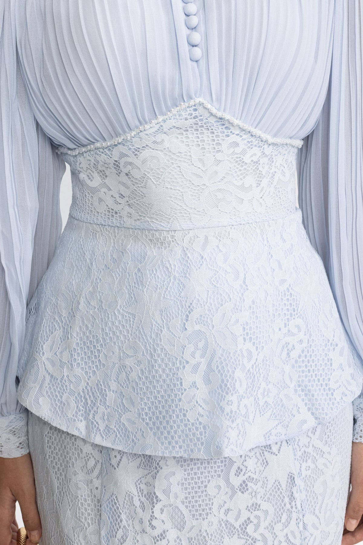Pleated Chiffon Lace Peplum Blouse and Maxi Skirt Set - Light Blue