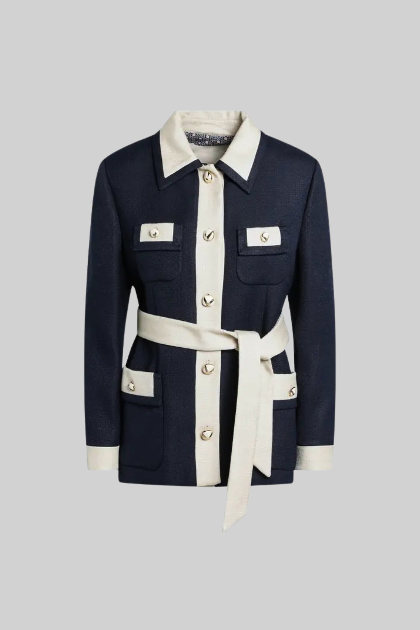 Two-Tone Tweed Jacket With Contrast Trim and Waist Belt – Navy