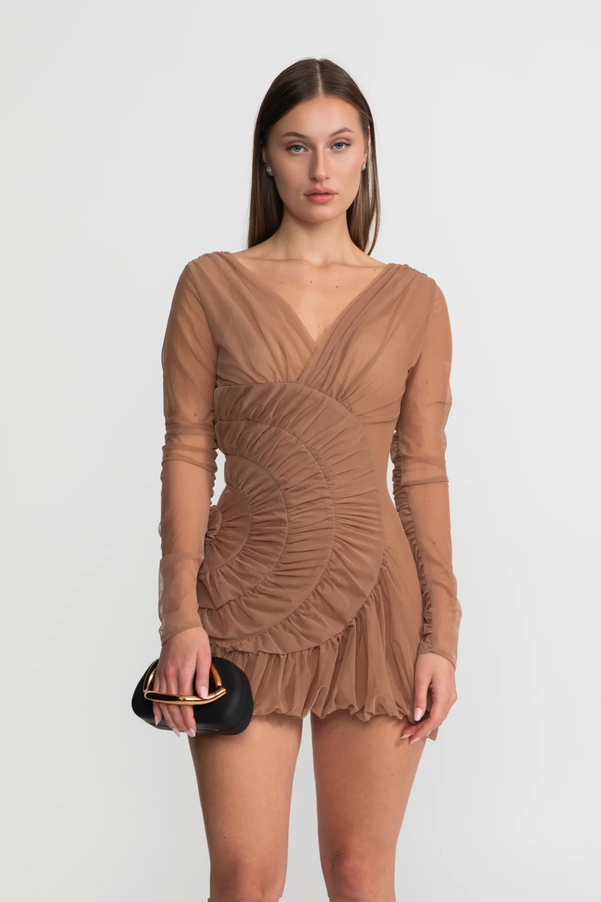Draped Mini Dress with Spiral Ruched Detailing - Nude