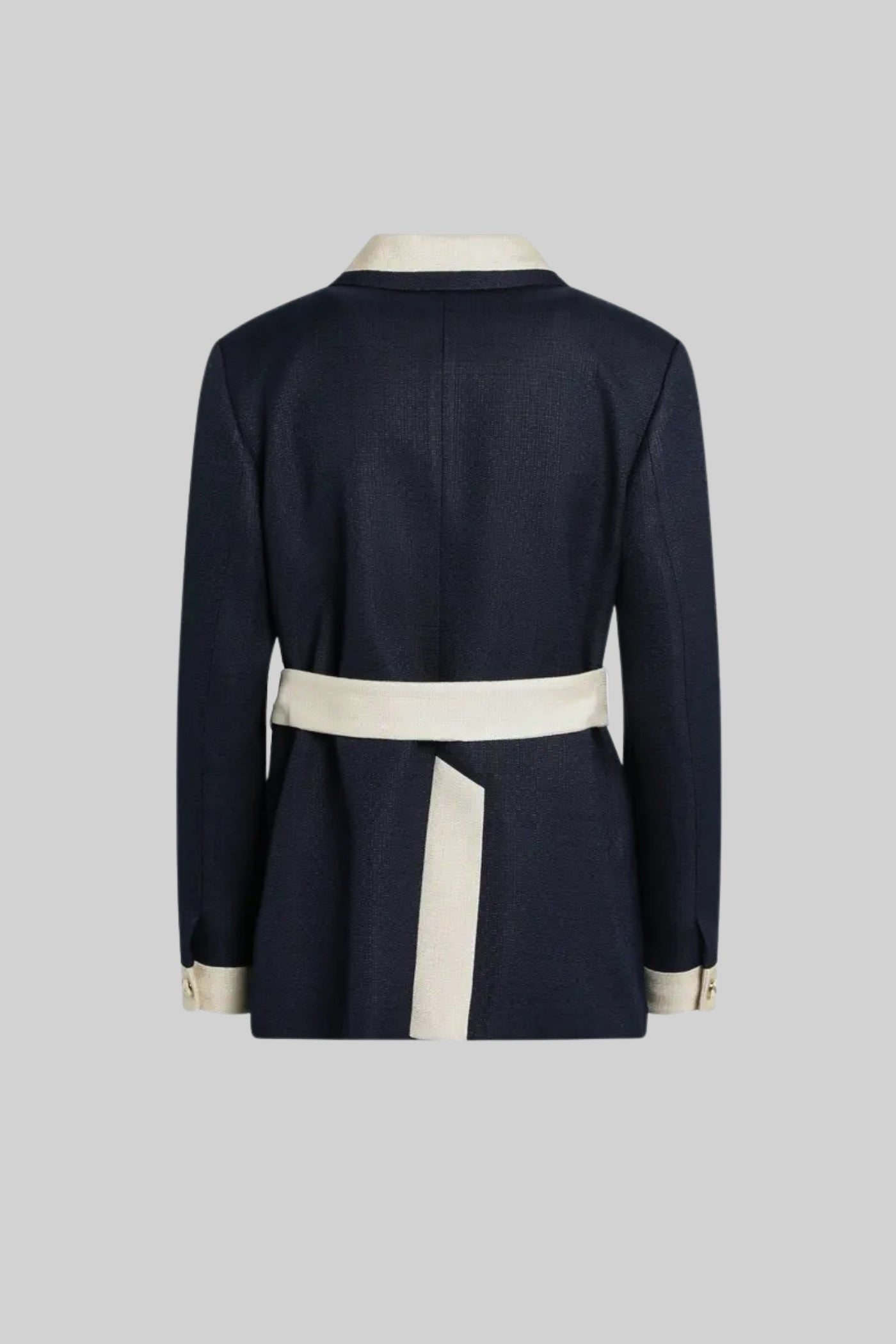 Two-Tone Tweed Jacket With Contrast Trim and Waist Belt – Navy