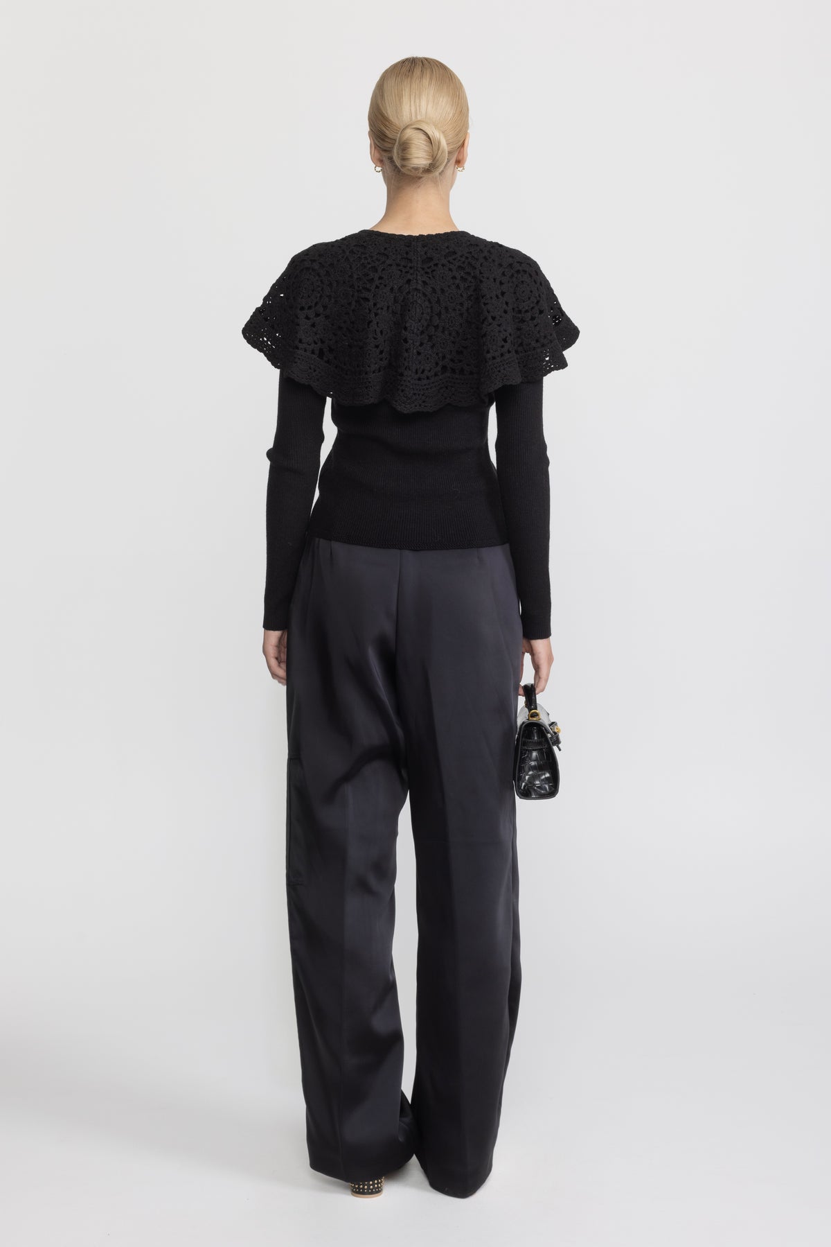 Crochet Capelet Collar Rib Knit Cardigan - Black