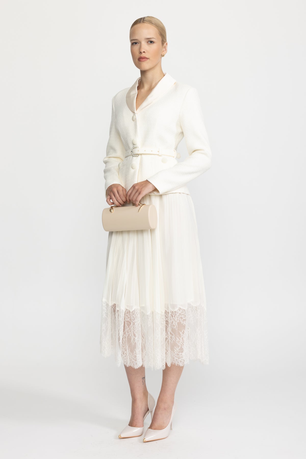 Satin Collar Tweed Jacket Dress with Pleated Lace Skirt - Ivoire