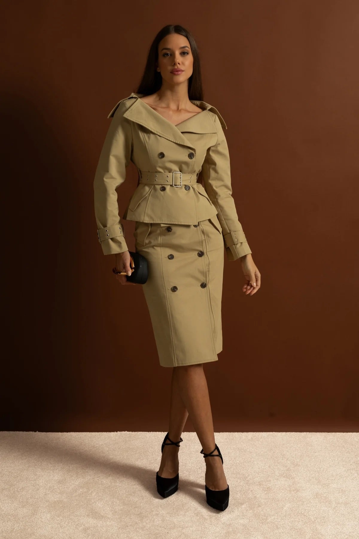 Off-Shoulder Peplum Trench Jacket and Pencil Skirt Co-Ord Set – Khaki