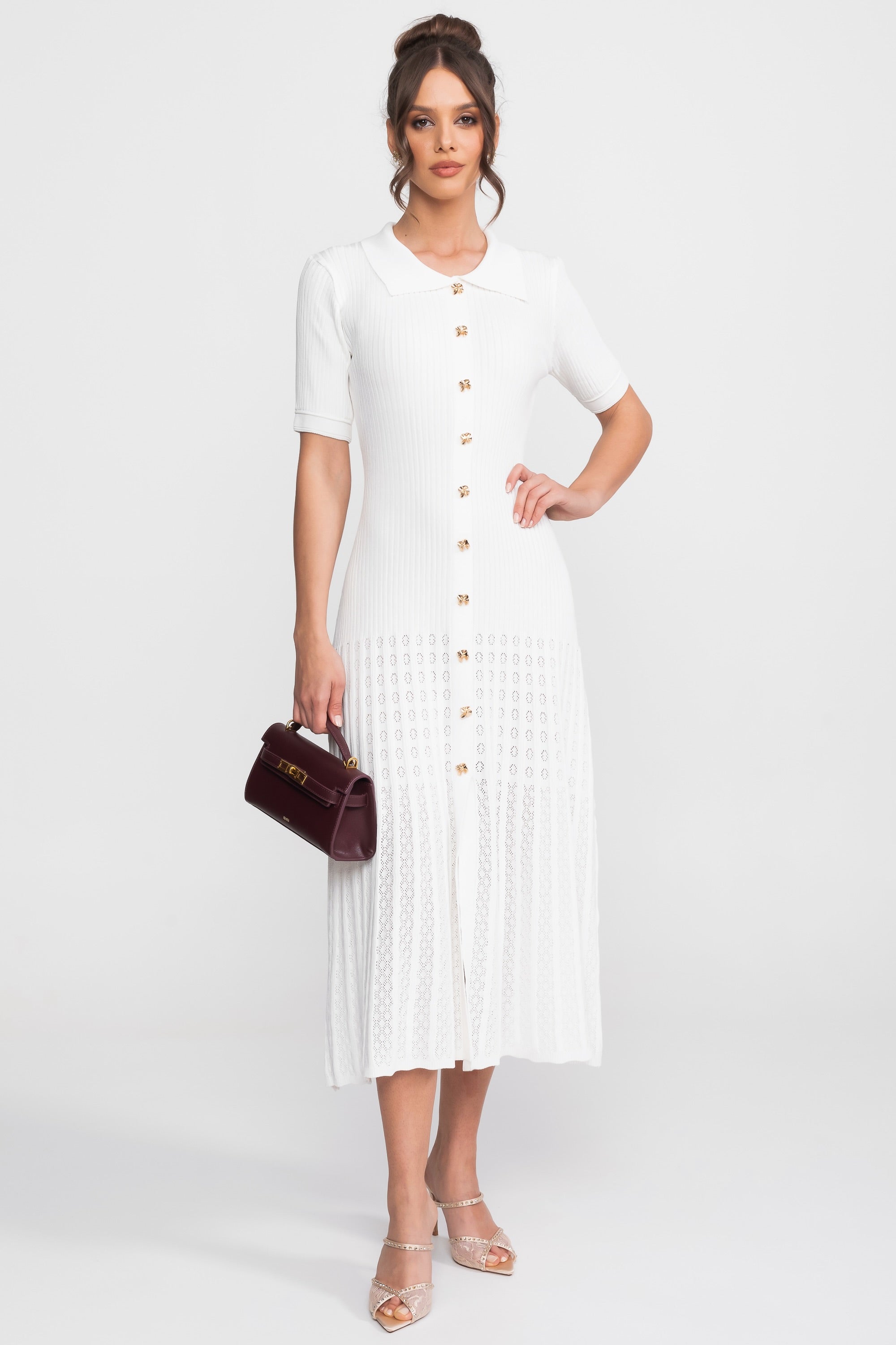 Ribbed Knit Midi Dress With Peter Pan Collar And Pleated Skirt - White