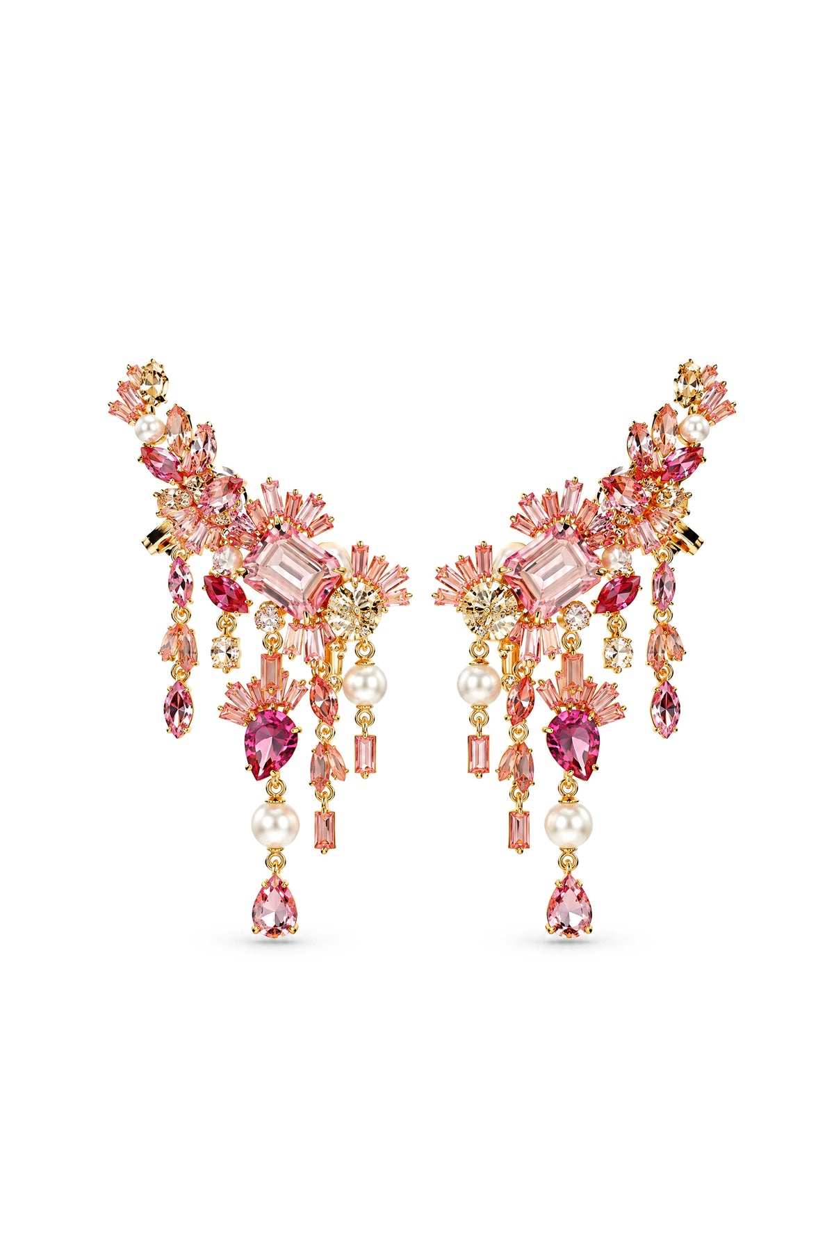 Pink Crystal Floral Cluster Drop Earrings - Gold