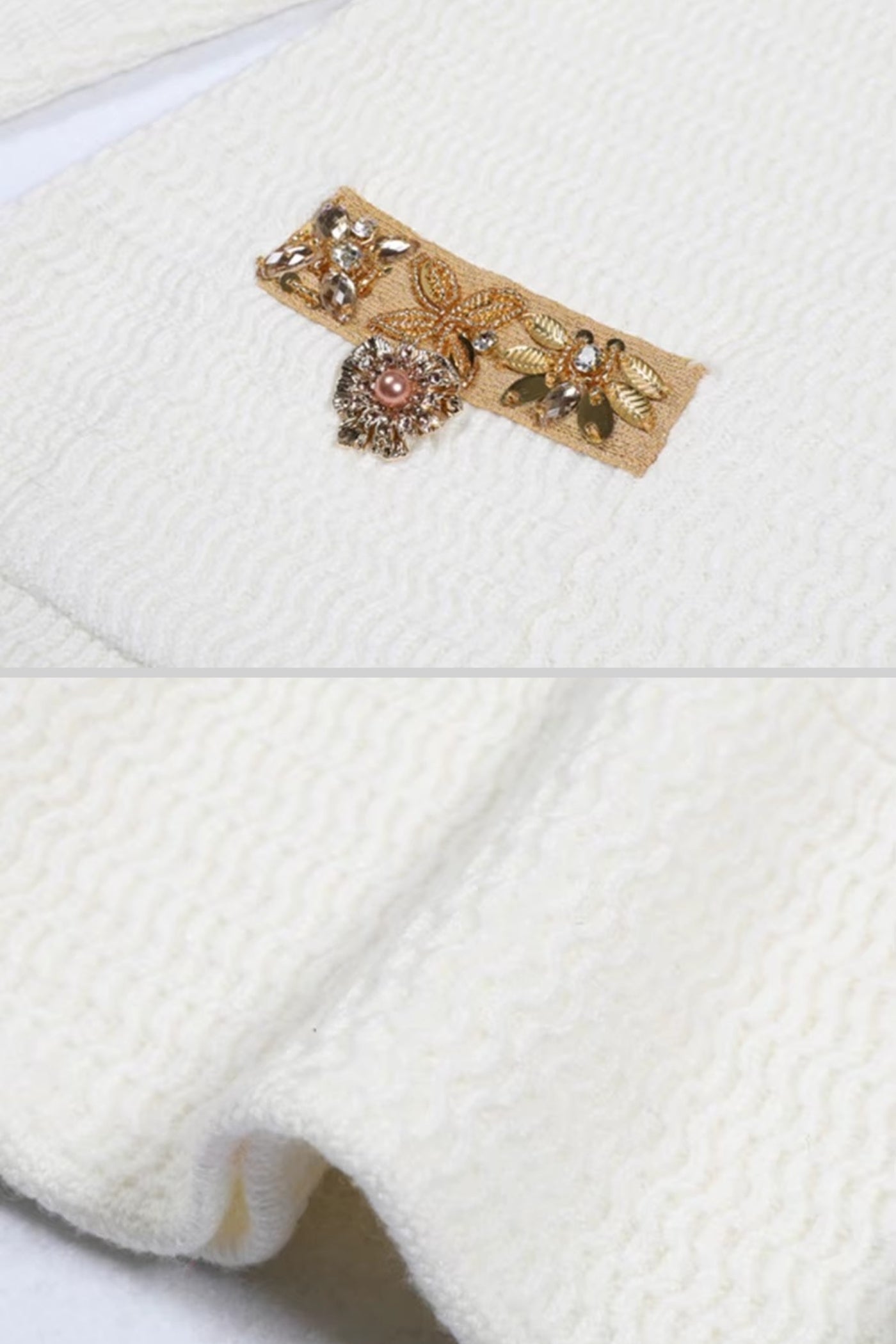 Textured Mini Dress With Long Sleeves And Gold Detailing - White