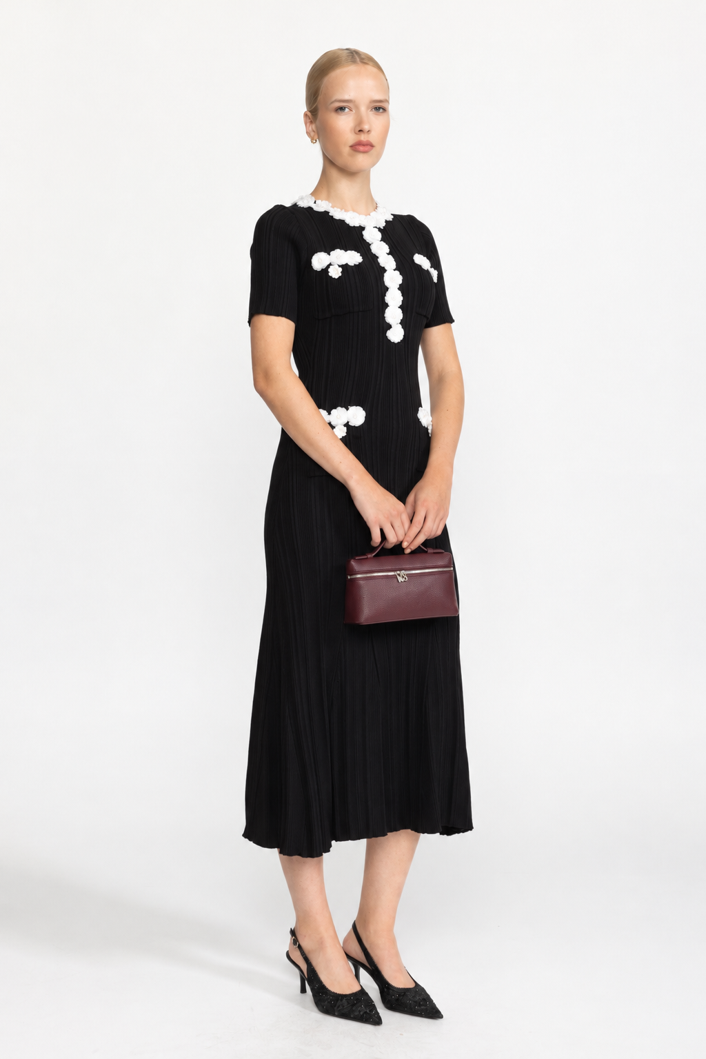 Ribbed Knit Flower Appliqué Midi Dress - Black