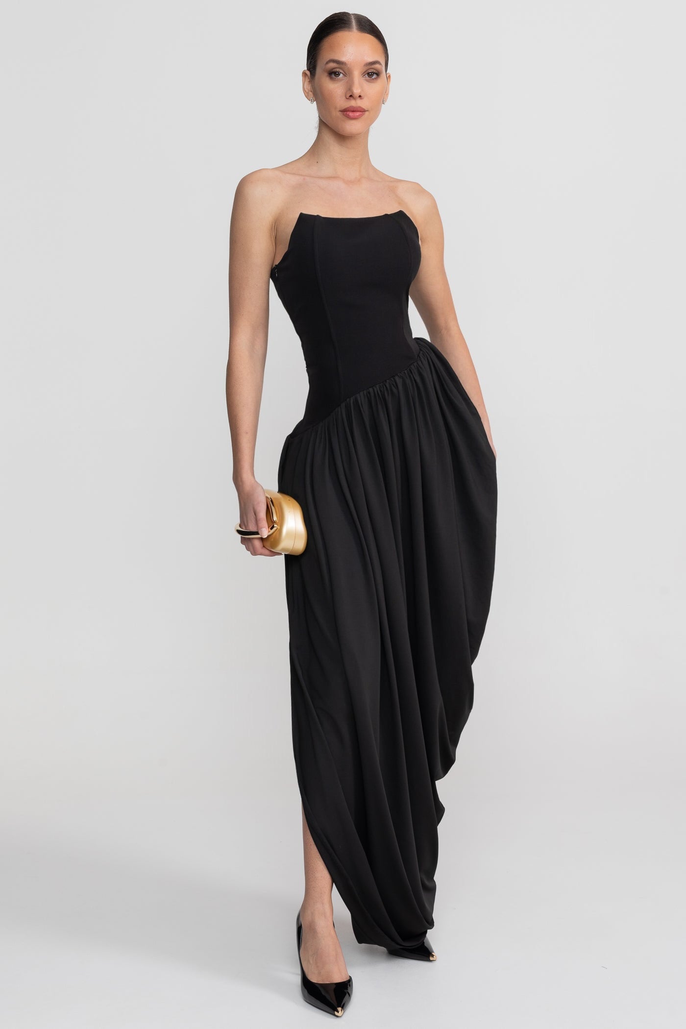 Strapless Maxi Dress With Asymmetric Draped Skirt - Black