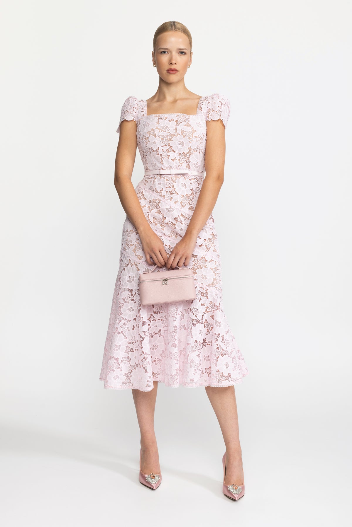 Guipure Lace Puff Sleeve Midi Dress - Pink