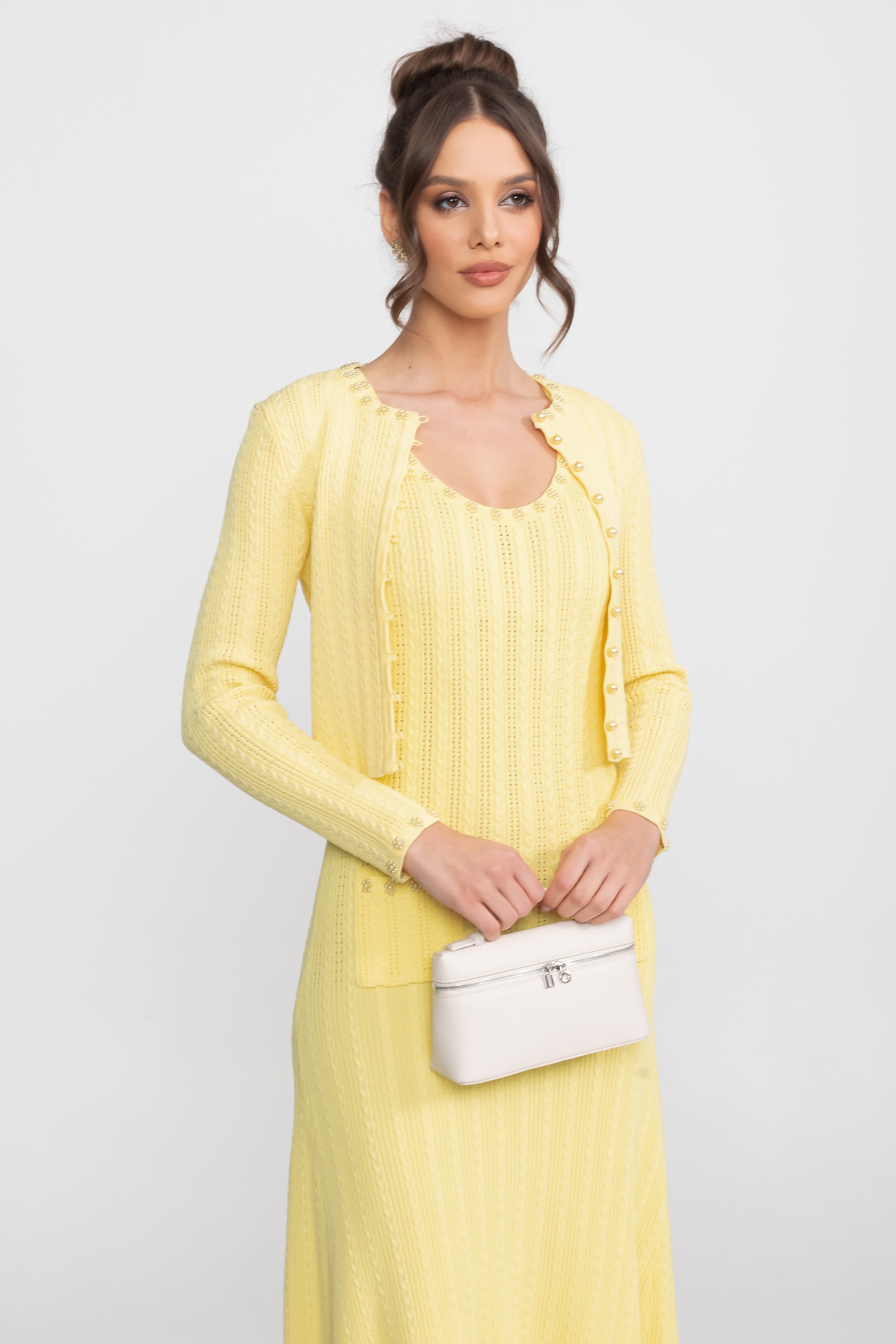 Ribbed Knit Dress and Cardigan Set With Pearl Button Detailing - Yellow