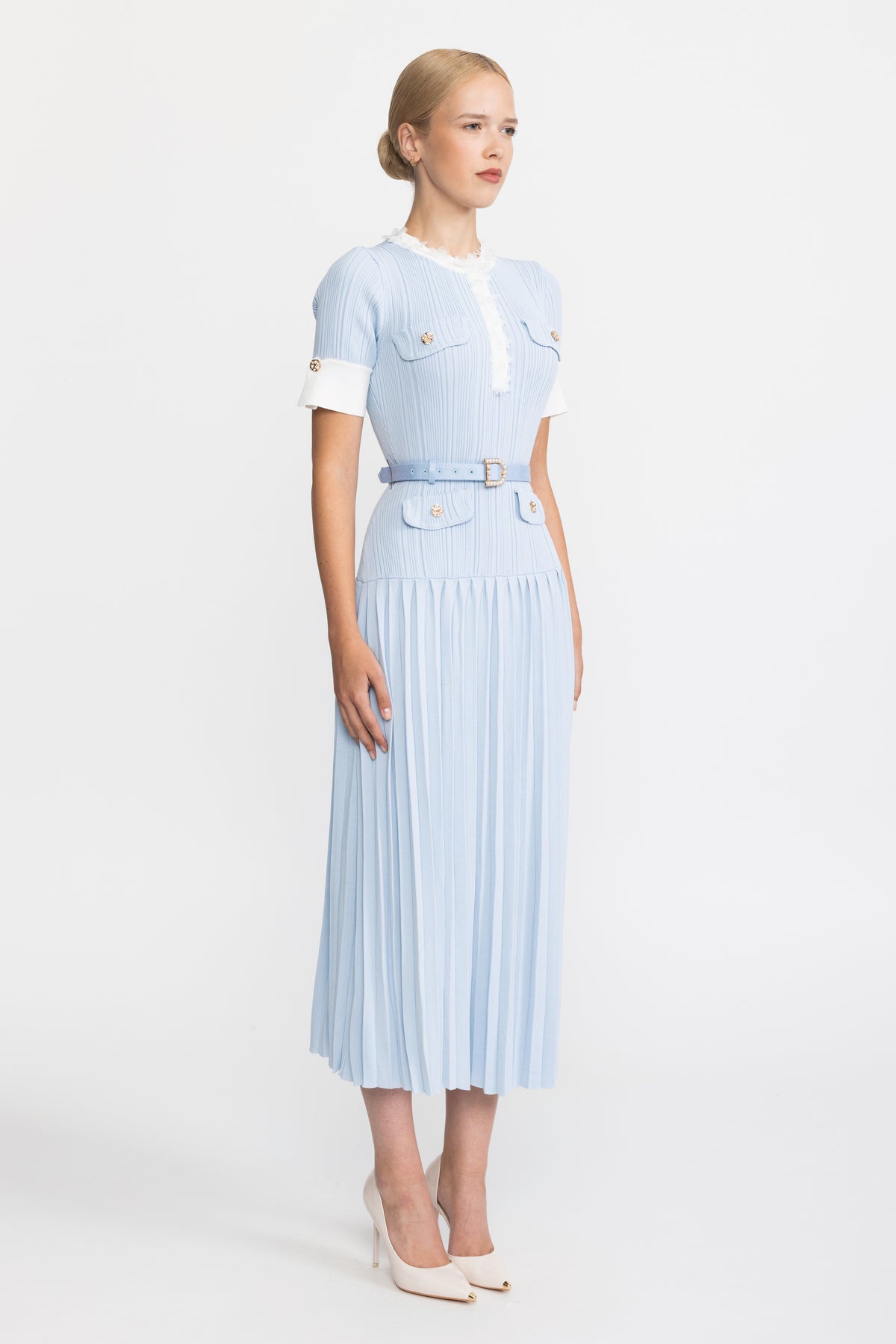 Pleated Knit Ruffle Trim Midi Dress - Light Blue