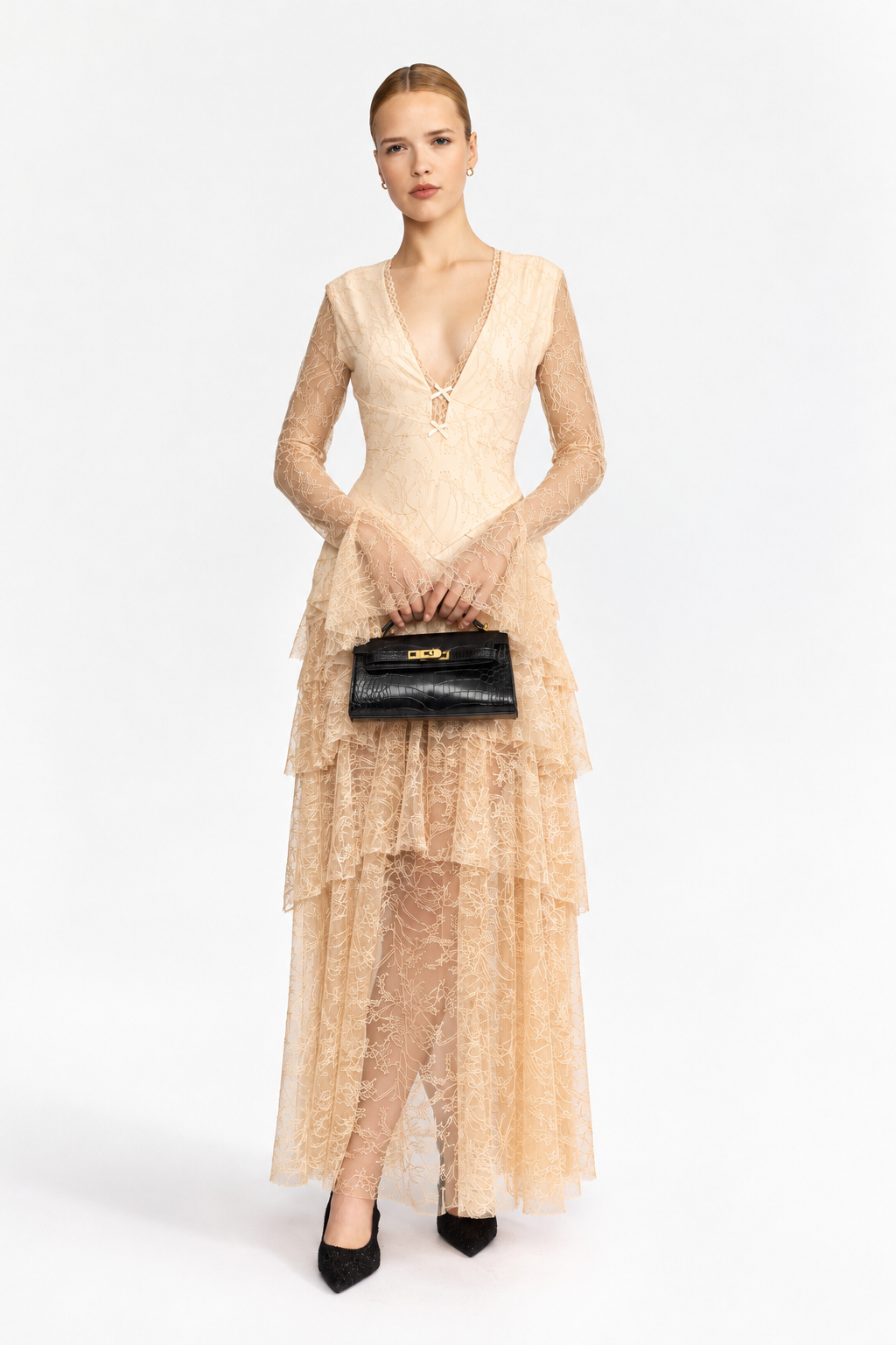 Chantilly Lace Tiered Maxi Dress - Beige