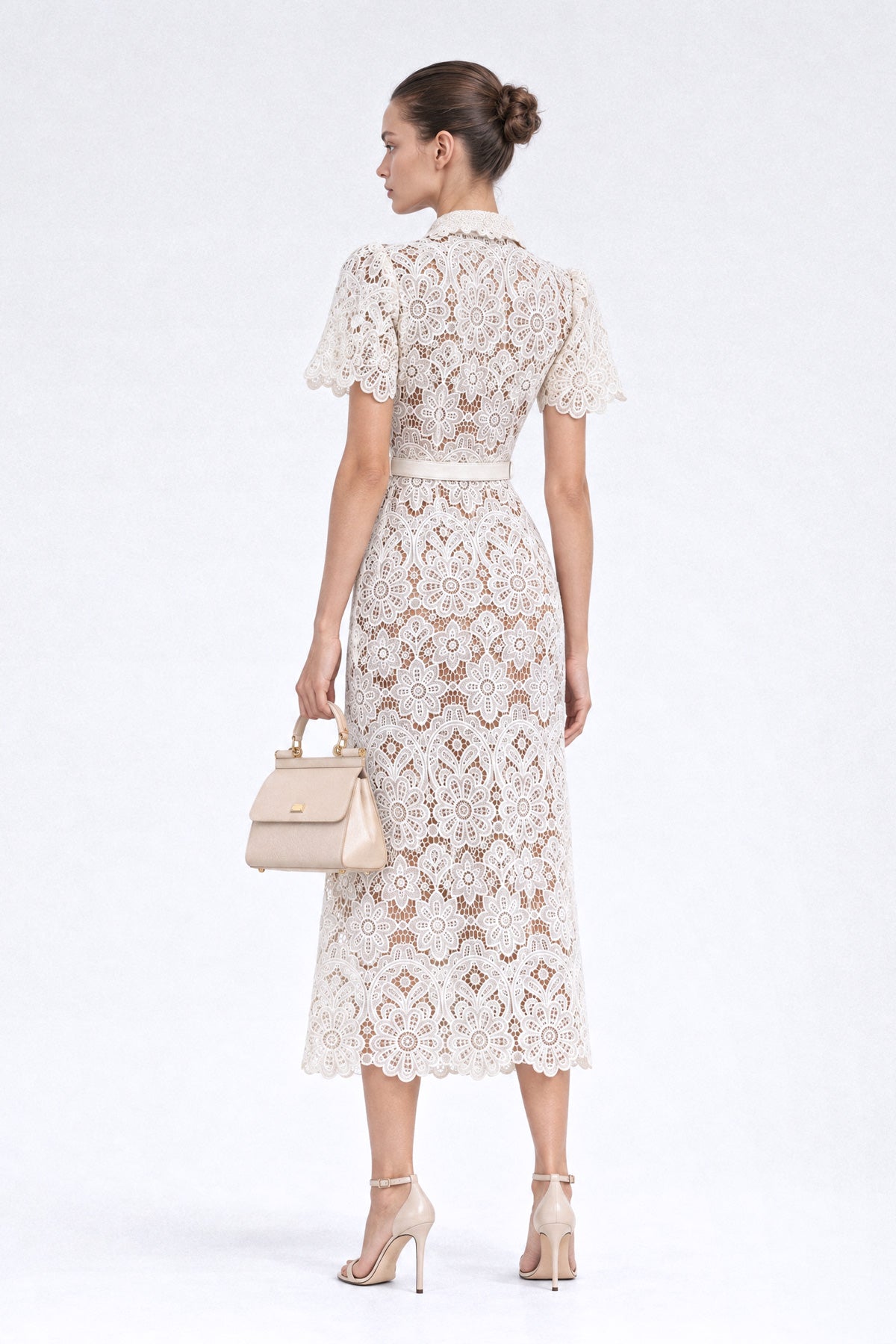 Guipure Lace Shirt Midi Dress with Gold Buttons - Ivoire