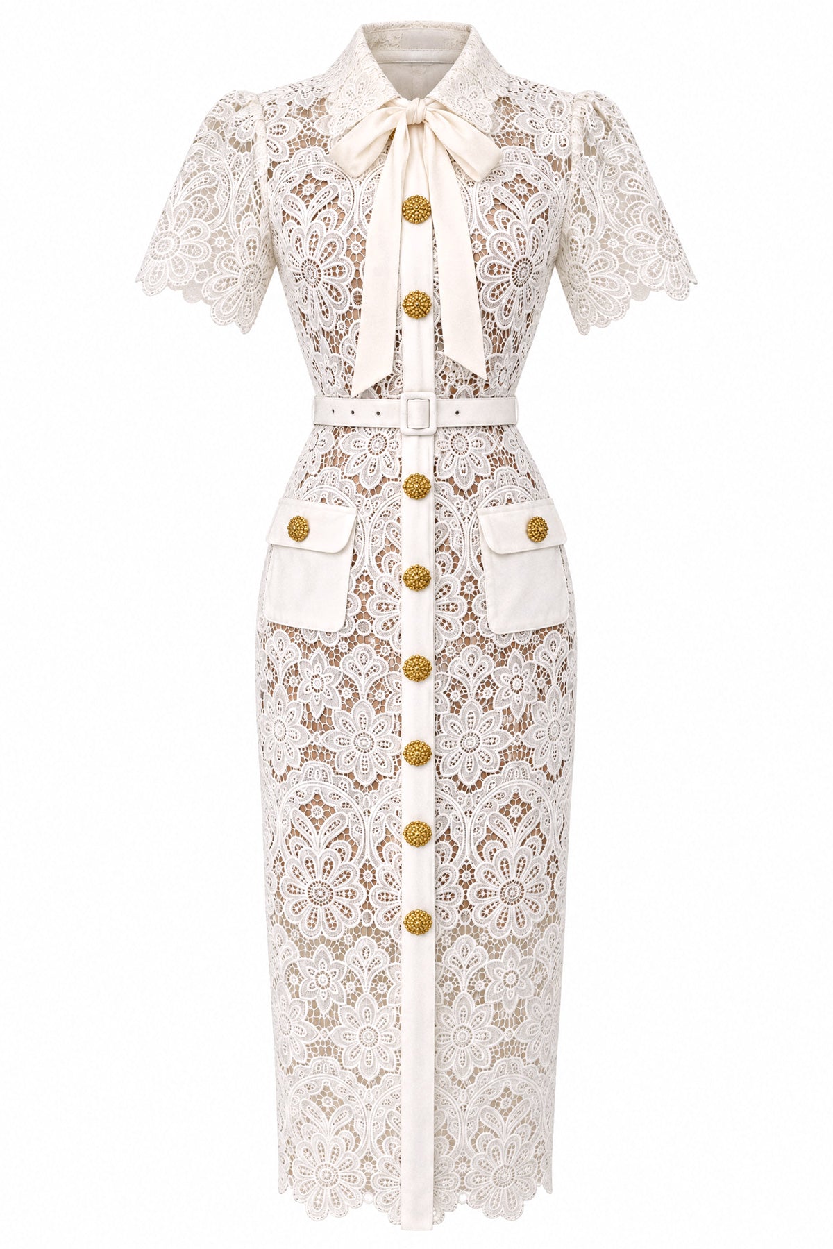 Guipure Lace Shirt Midi Dress with Gold Buttons - Ivoire