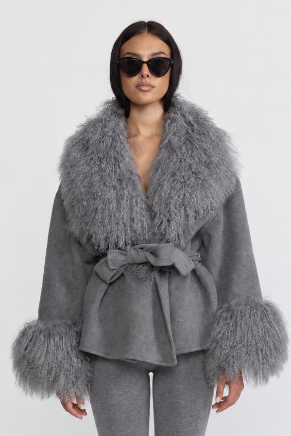 Belted Wool Jacket with Curly Fur-Effect Collar and Cuffs - Grey
