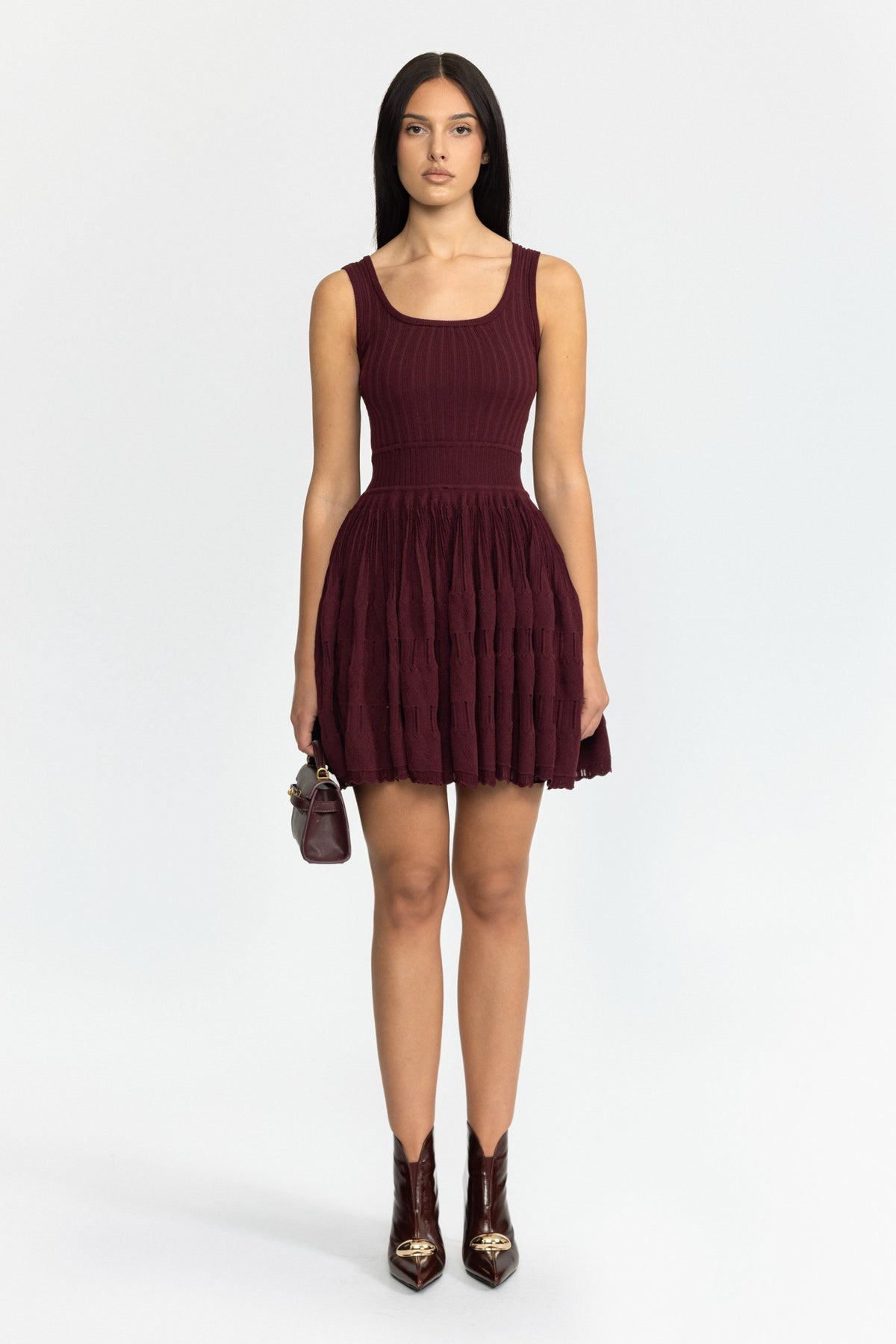 Pointelle Knit Skater Mini Dress - Wine