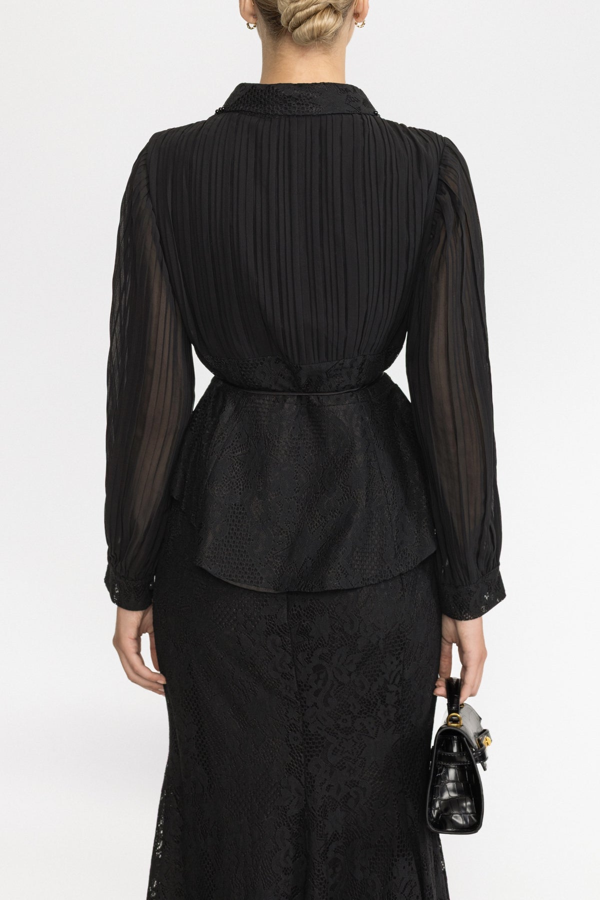 Pleated Chiffon Lace Peplum Blouse and Maxi Skirt Set - Black