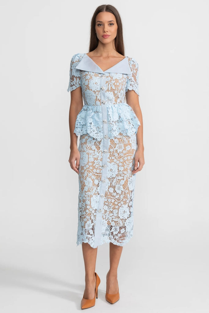 Lace Midi Dress with Peplum Waist and Satin Collar - Baby Blue