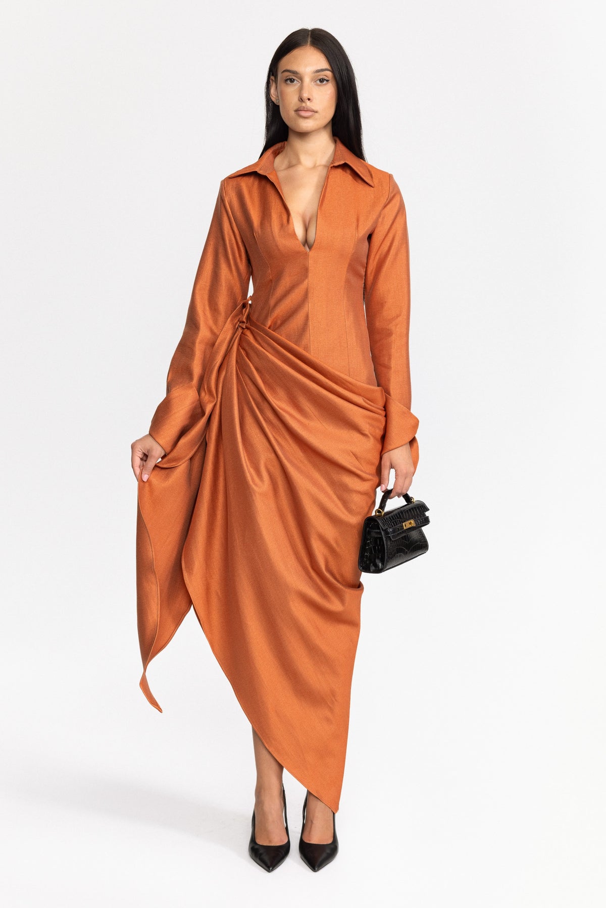 Plunge Collar Draped Wrap Maxi Dress - Burnt Orange