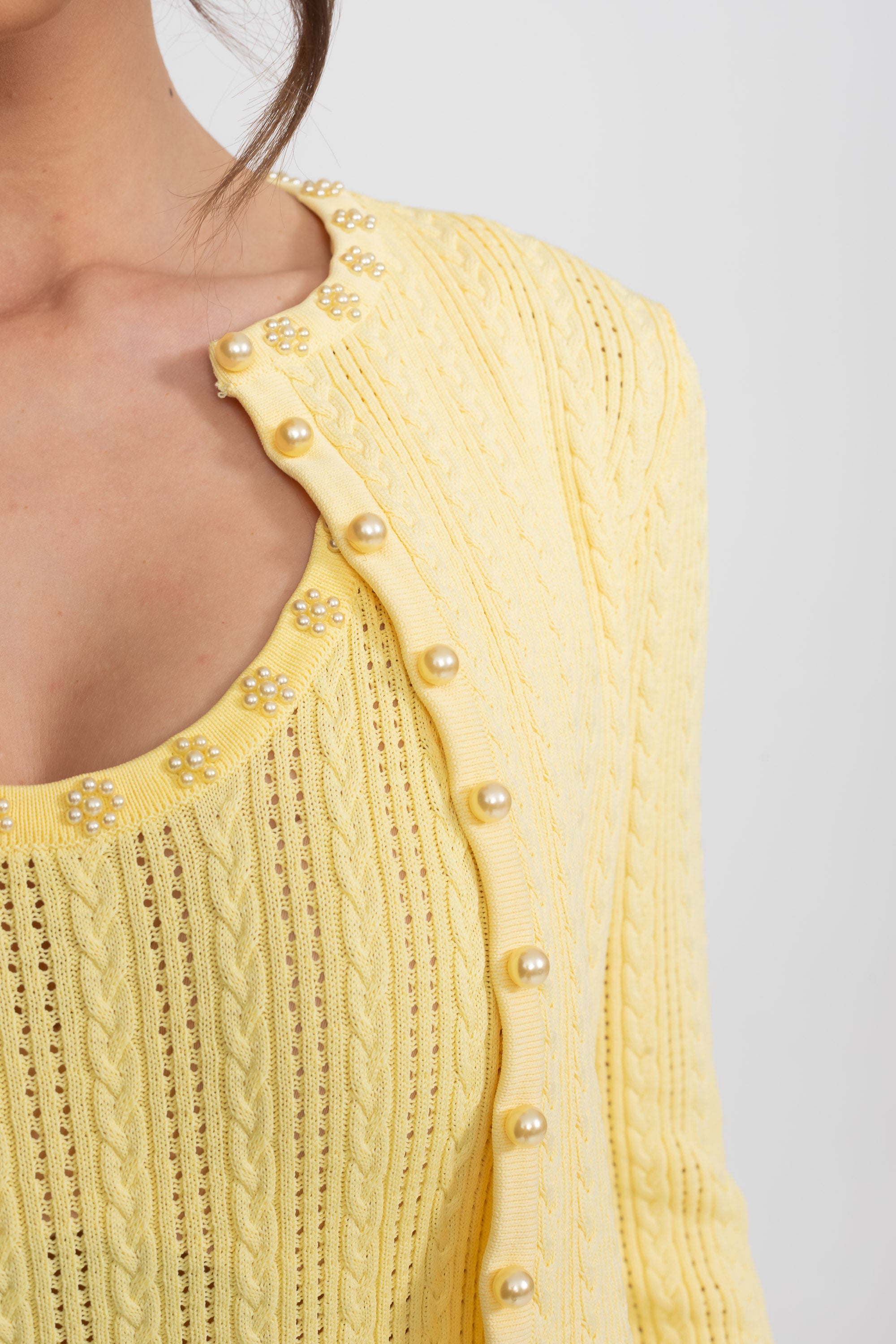 Ribbed Knit Dress and Cardigan Set With Pearl Button Detailing - Yellow