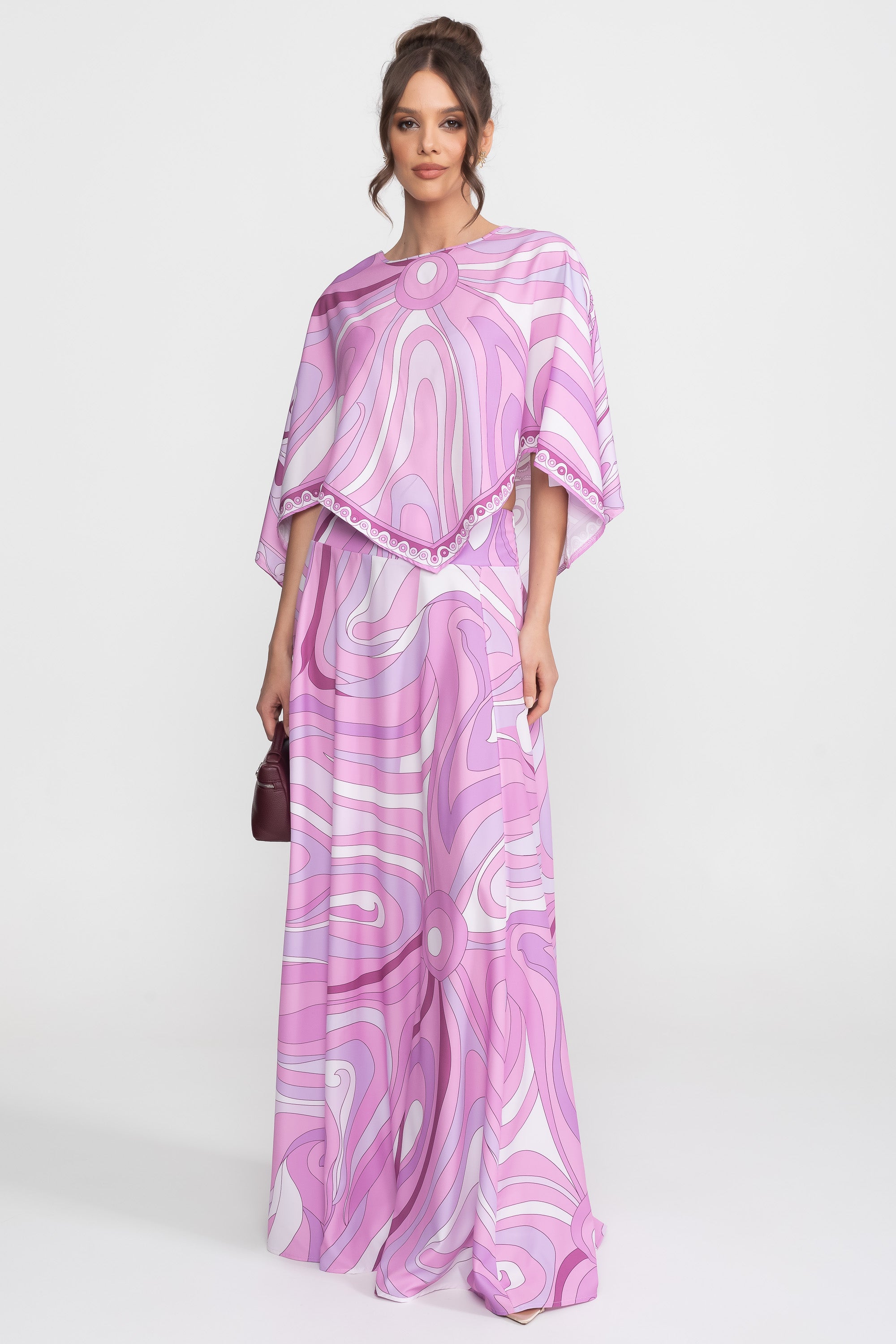 Printed Cape Top And Maxi Skirt Co-Ord Set - Pink
