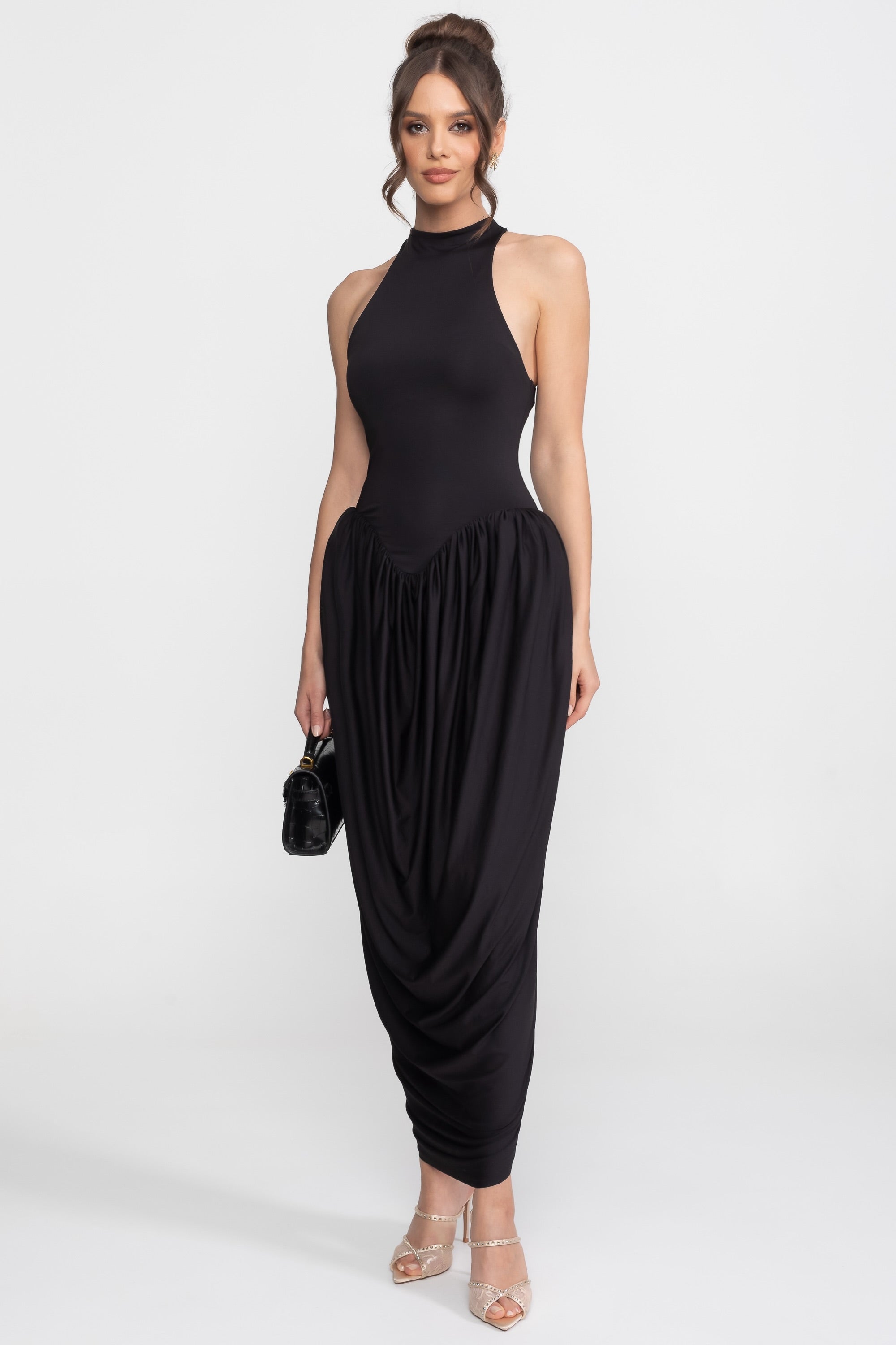 Halter-Neck Maxi Dress With Gathered Balloon Skirt - Black