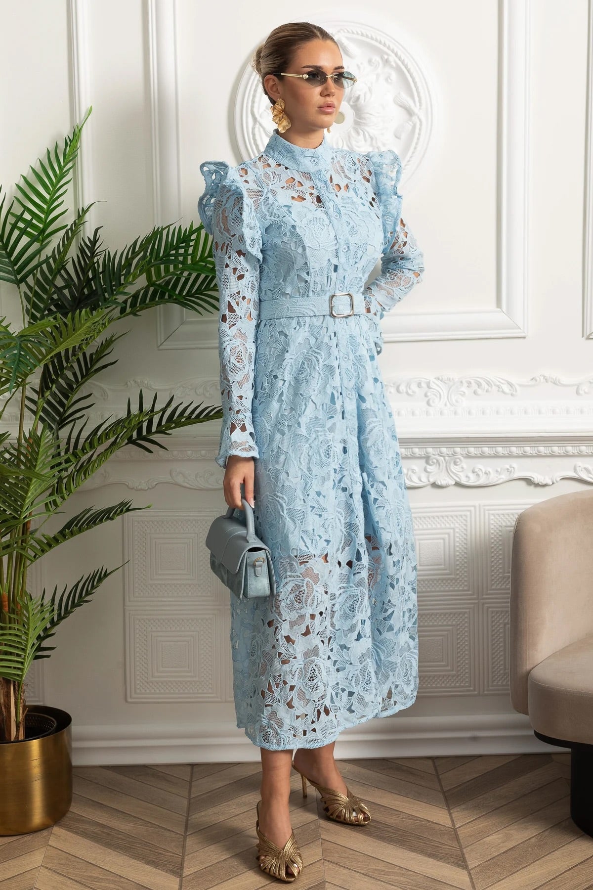 Lace Midi Dress with Ruffled Shoulders and Floral Detailing - Blue