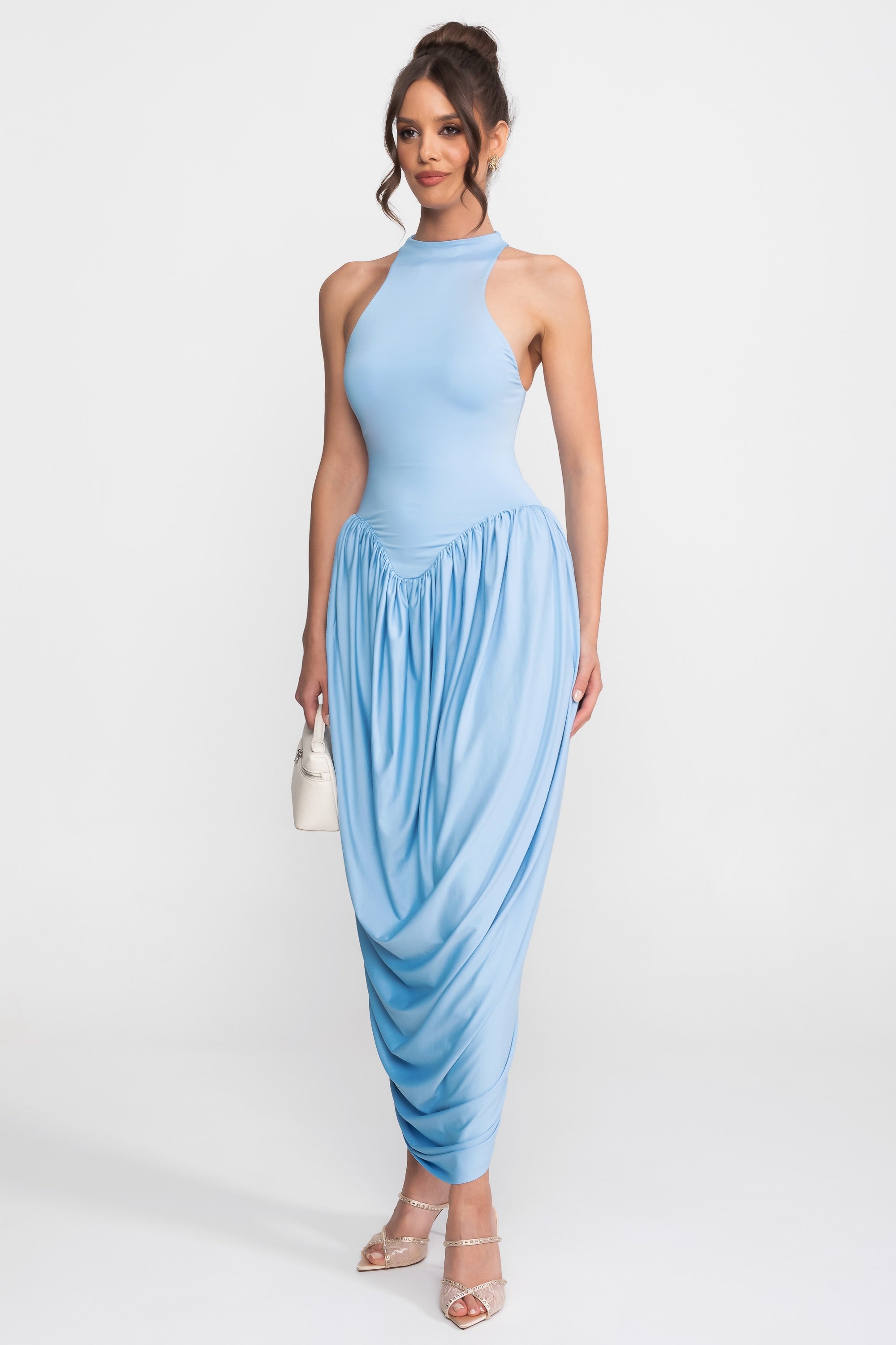 Halter-Neck Maxi Dress With Gathered Balloon Skirt - Light Blue