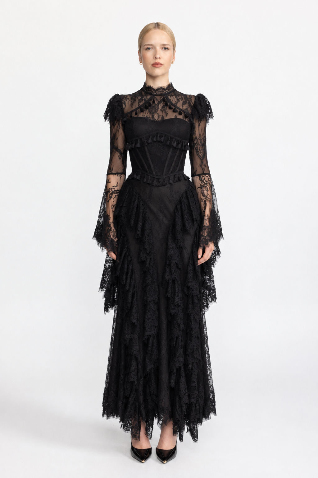 Tassel Trim Lace Corset Bell Sleeve Maxi Dress - Black