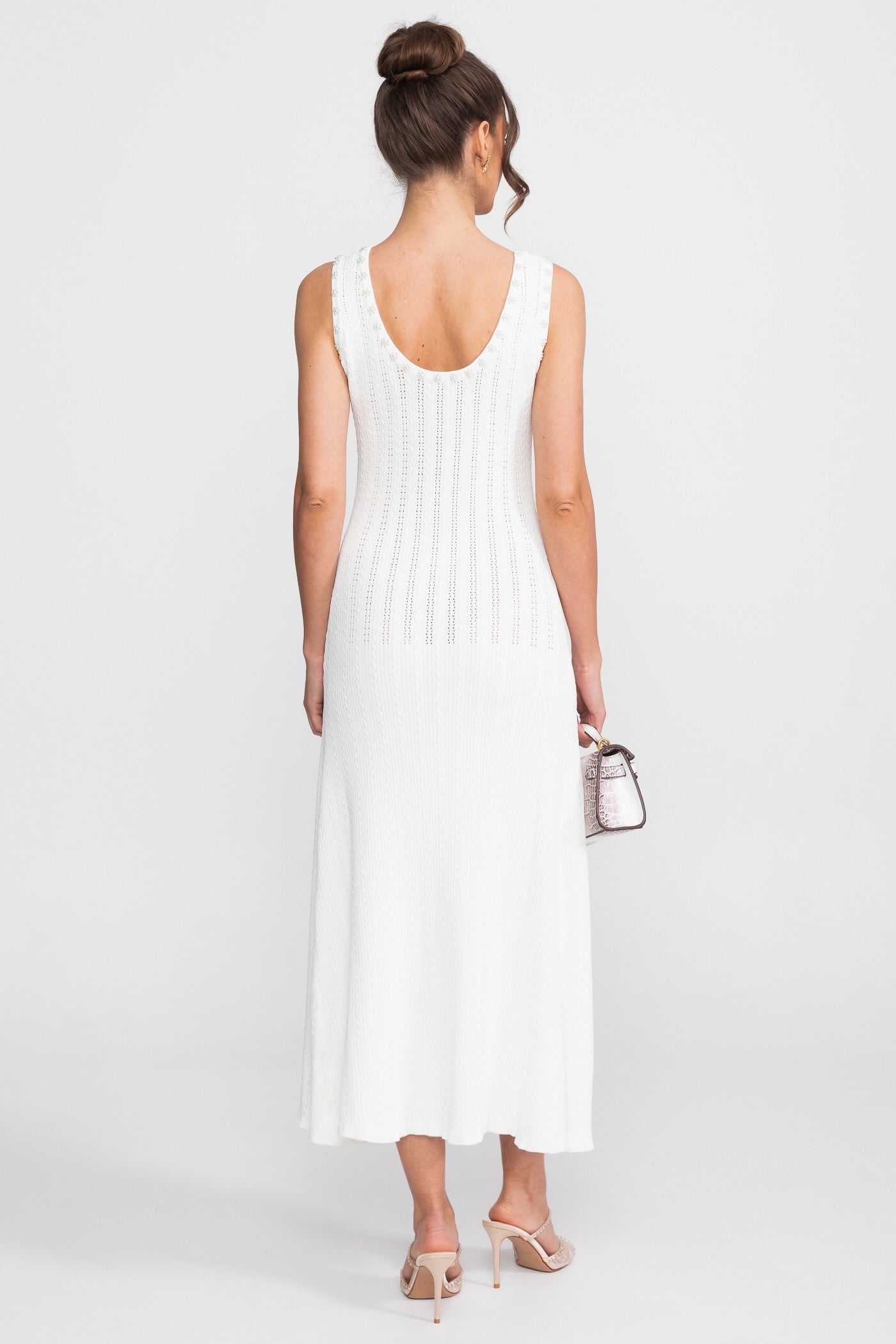 Ribbed Knit Dress and Cardigan Set With Pearl Button Detailing - White