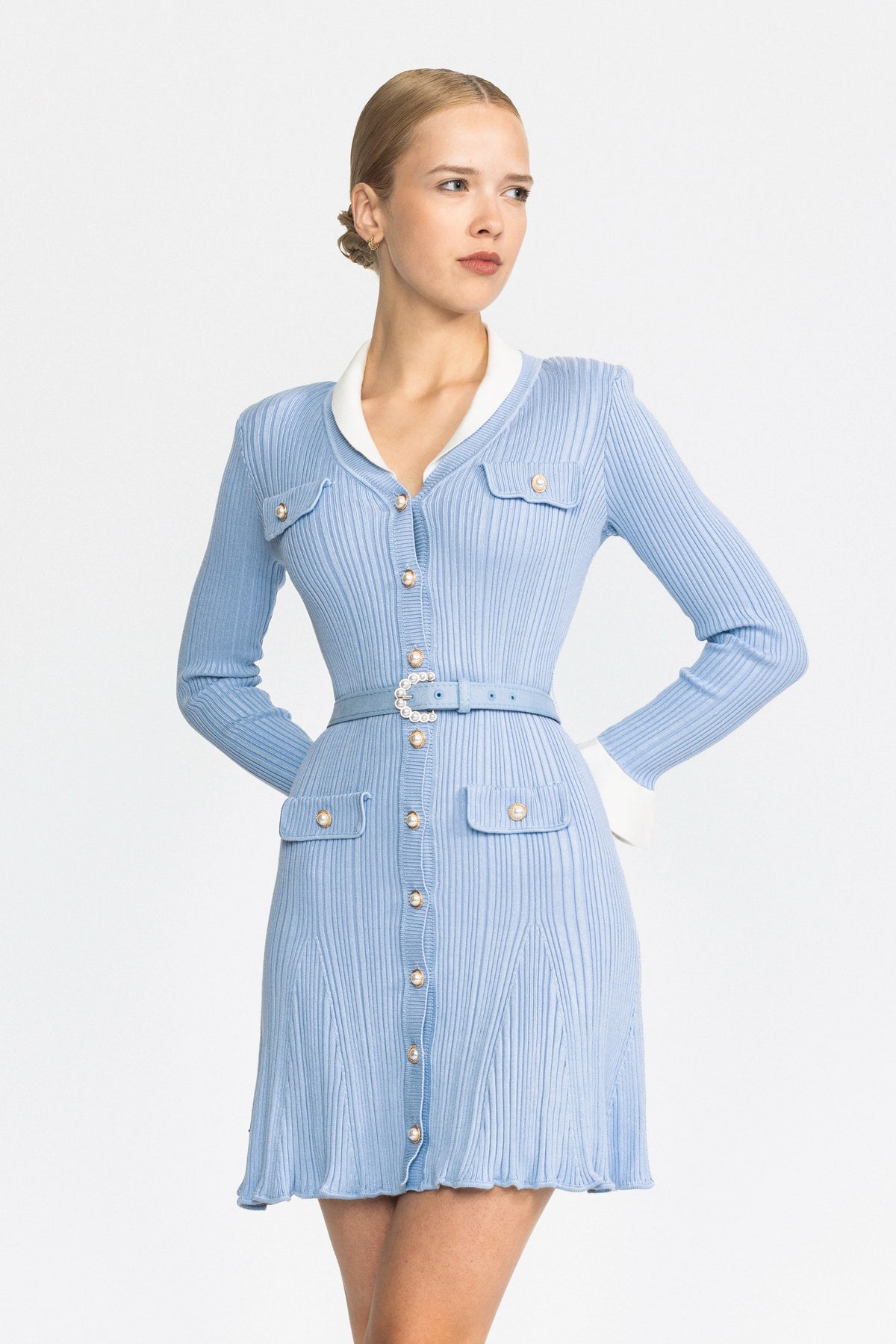 Ribbed Knit Pearl Button Belted Mini Dress - Light Blue