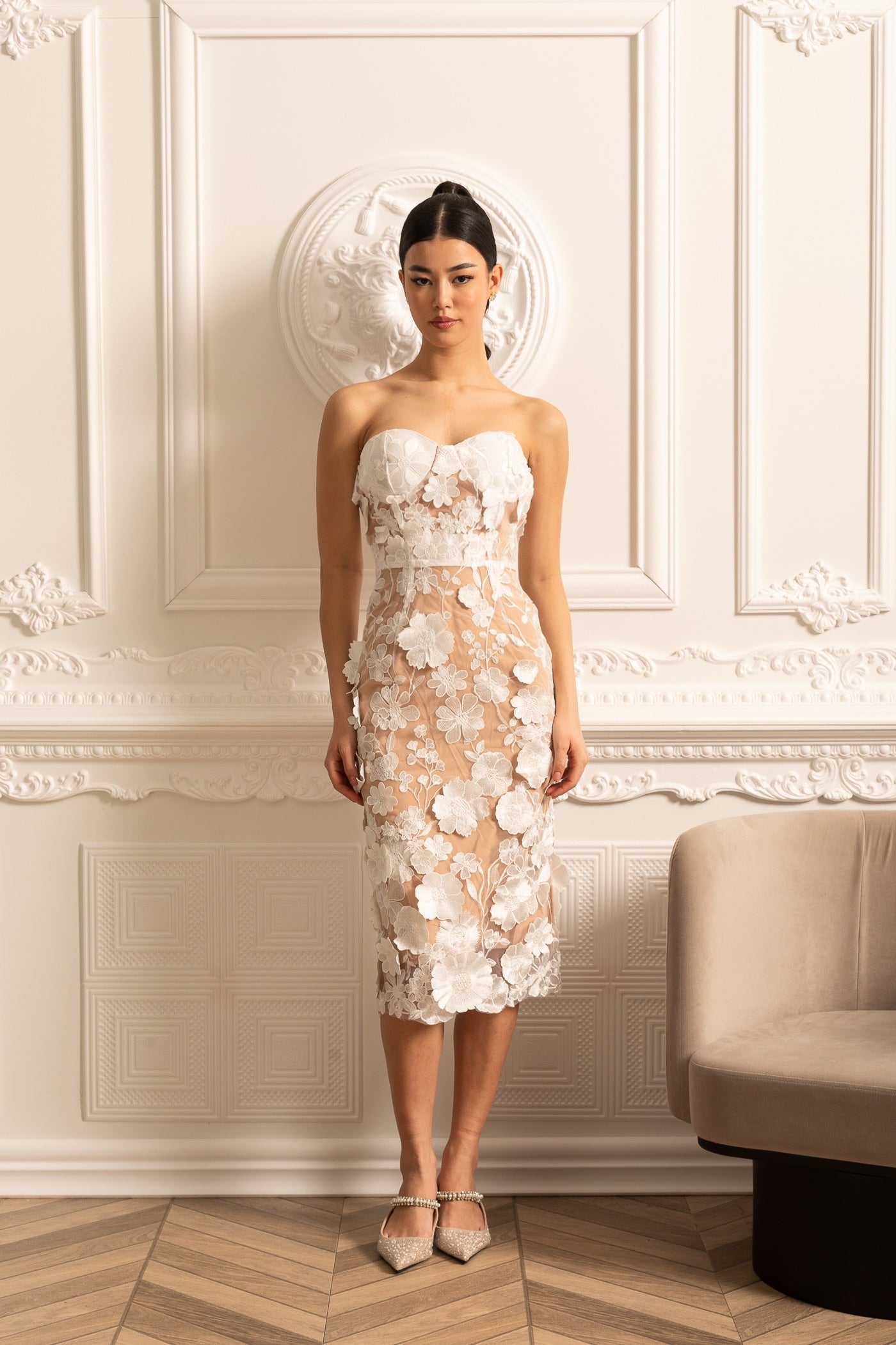 Sheer Embroidered Dress With Intricate Floral Pattern - White