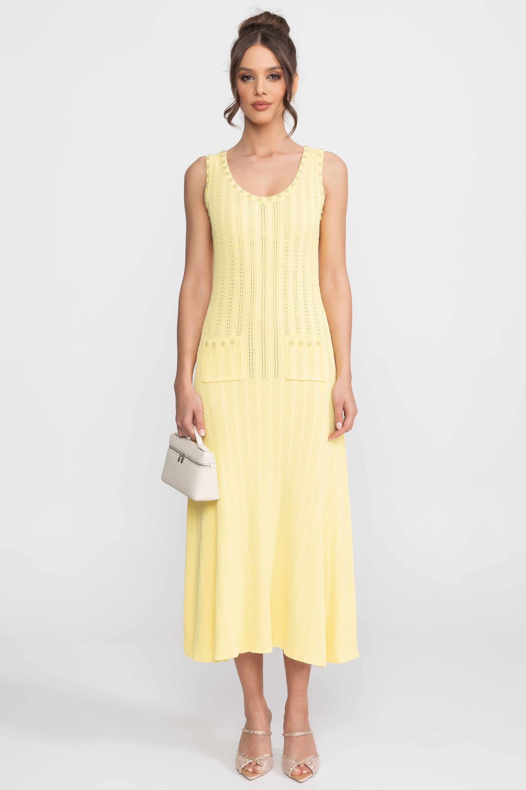 Ribbed Knit Dress and Cardigan Set With Pearl Button Detailing - Yellow