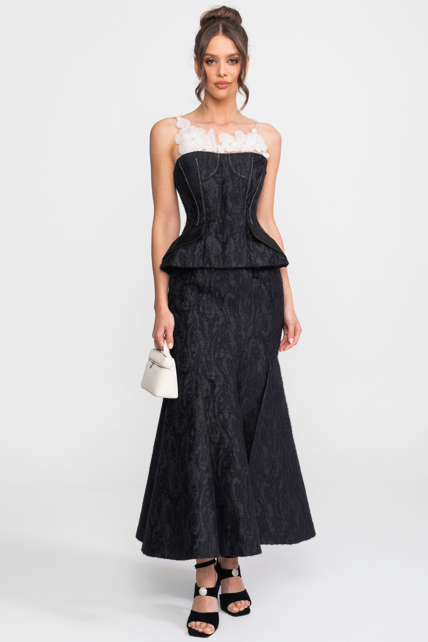 Jacquard Maxi Set With Sheer Floral Neckline And Peplum Waist - Black