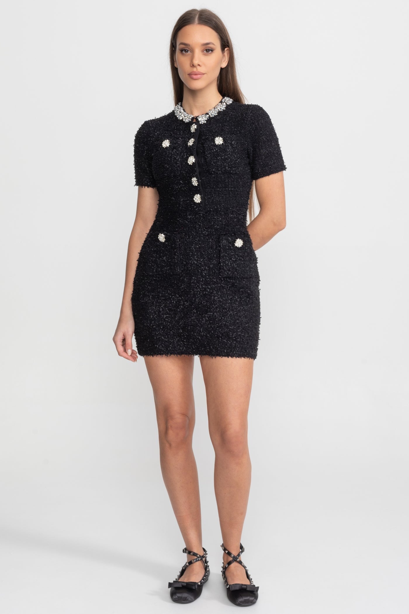 Embellished Tweed Mini Dress with Crystal Button Details – Black