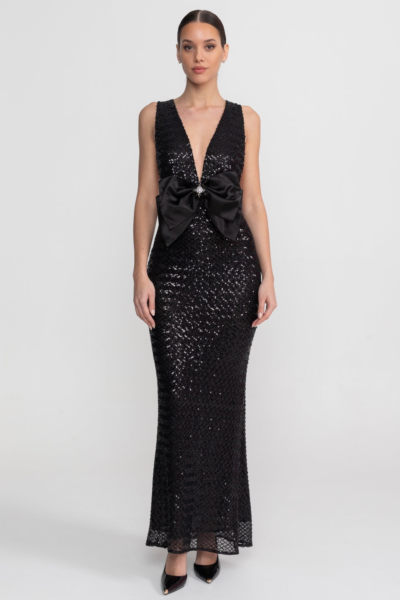 Sequin Maxi Dress With Satin Bow Detail - Black