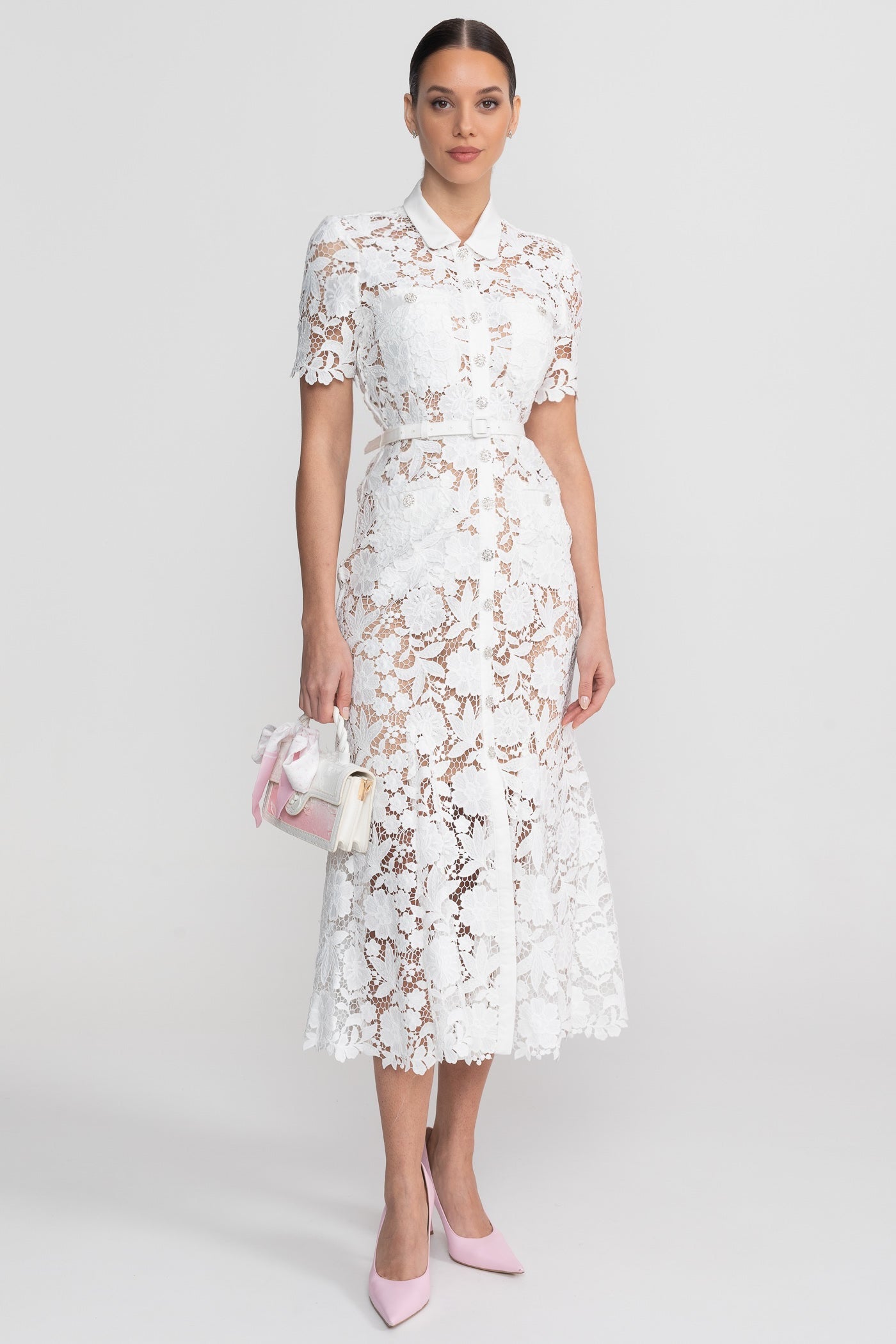 Lace Short Sleeve Midi Dress With Collared Neckline And Belted Waist - White